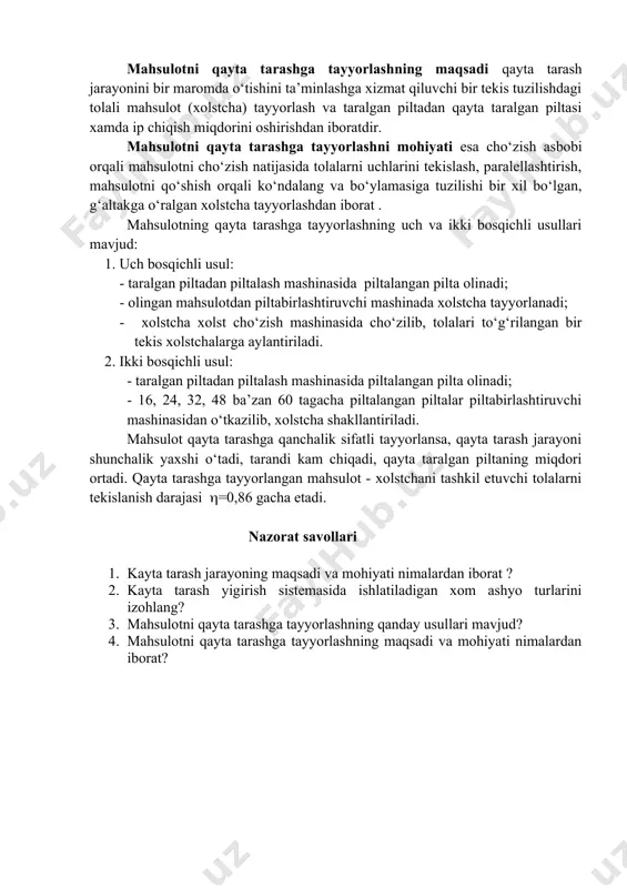 altirilmaganligi tufayli uni qayta tarashda to‘g‘ridan to‘g‘ri ishlatilsa kalta tolalar bilan birgalikda uzun tolalar ham tarandi tarkibiga o‘tib ketadi. shuning uchun mahsulot qayta tarashga tayyorlanadi. mahsulotni qayta tarashga tayyorlashning maqsadi qayta tarash jarayonini bir maromda o‘tishini ta’minlashga xizmat qiluvchi bir tekis tuzilishdagi tolali mahsulot (xolstcha) tayyorlash va taralgan piltadan qayta taralgan piltasi xamda ip chiqish miqdorini oshirishdan iboratdir. mahsulotni qayta tarashga tayyorlashni mohiyati esa cho‘zish asbobi orqali mahsulotni cho‘zish natijasida tolalarni uchlarini tekislash, paralellashtirish, mahsulotni qo‘shish orqali ko‘ndalang va bo‘ylamasiga tuzilishi bir xil bo‘lgan, g‘altakga o‘ralgan xolstcha tayyorlashdan iborat . mahsulotning qayta tarashga tayyorlashning uch va ikki bosqichli usullari mavjud: 1. uch bosqichli usul: - taralgan piltadan piltalash mashinasida piltalangan pilta olinadi; - olingan mahsulotdan piltabirlashtiruvchi mashinada xolstcha tayyorlanadi; · xolstcha xolst cho‘zish mashinasida cho‘zilib, tolalari to‘g‘rilangan bir tekis xolstchalarga aylantiriladi. 2. ikki bosqichli usul: - taralgan piltadan piltalash mashinasida piltalangan pilta olinadi; - 16, 24, 32, 48 ba’zan 60 …