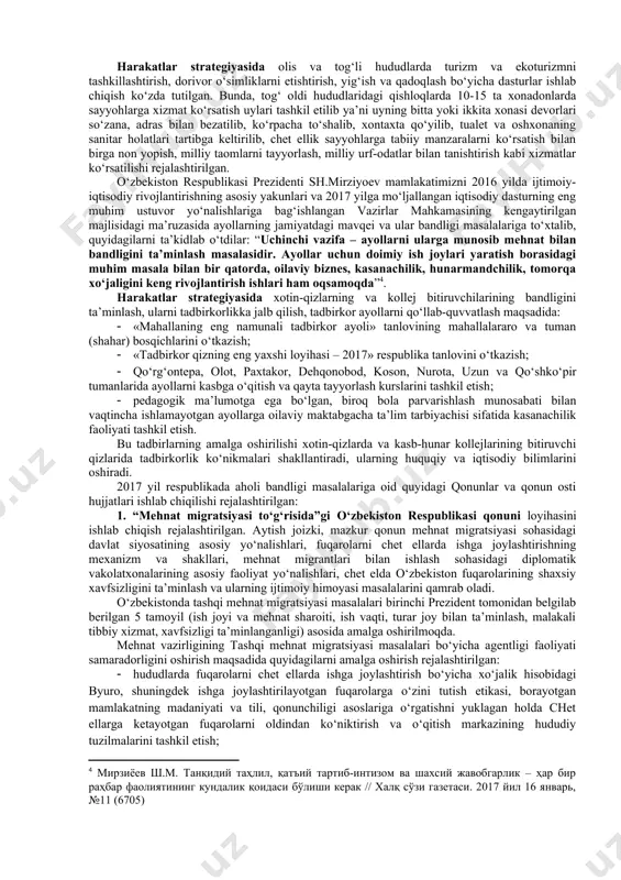 tirish bo‘yicha viloyatlar, tumanlar va shaharlar hokimliklarining faoliyati kuchaytiriladi. 25 mingga yaqin investitsiya loyihalarini amalga oshirish hisobiga 256,4 mingdan ortiq ish o‘rinlari tashkil etilishiga erishiladi. o‘zbekiston respublikasi vazirlar mahkamasining 2012 yil 20 apreldagi “qoraqalpog‘iston respublikasi, viloyatlar va toshkent shahrida ishbilarmonlik muhitining holati va ijtimoiy-iqtisodiy rivojlantirish darajasi indikatorlarini har chorakda baholash tizimini tasdiqlash to‘g‘risida”gi 117-sonli qaroriga ilovada ishsiz darajasini baholash mezoni keltirilgan. unga ko‘ra, respublikada ishsizlik darajasi (5,2%) mo‘‘tadil hisoblanadi. ammo respublikada ishsizlik darajasi birmuncha yuqori bo‘lgan, tog‘li, chegara oldi hududlarida joylashgan, ishlab chiqarish va ijtimoiy soha etarli darajada rivojlanmagan 34 ta tuman mavjud. mazkur tumanlarda ish o‘rni tashkil etishga aholi bandligini ta’minlash dasturlarini alohida e’tibor qaratilgan va 2017 yilda aynan shu tumanlarda 46,8 mingta ish o‘rni tashkil etish rejalashtirilgan. yangi ish o‘rinlarini tashkil etishda erkin iqtisodiy zonalarning ham o‘rni katta. xususan, respublikada “navoiy” “angren” va “jizzax” erkin iqtisodiy zonalari tashkil etilgan. shuningdek, o‘zbekiston respublikasi prezidentining 2017 yil 12 yanvardagi 4931-sonli …