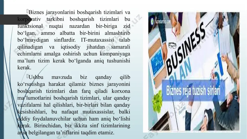 ini yaratadi; veb-tarkibni boshqarish moduli (wcm, web content management). modul eng muhim ma’lumotlarning taqdimotini, birlashtirilgan ish muhitini, ma’lumotlarga kirishni cheklashni va yagona xavfsizlik siyosatini taqdim etadi; zamonaviy ecm odatda quyidagi modullarni o‘z ichiga oladi: media tarkibni boshqarish moduli (dam, digital asset management). modul ulardan maksimal foyda olish uchun elektron ko‘rinishda aktivlar sifatida ishlaydi; bilimlarni boshqarish moduli (km, knowledge management). modul qaror qabul qilish uchun zarur bo‘lgan ma’lumotlarni to‘plash, izlash, yetkazib berish tizimlarini qo‘llab-quvvatlaydi. modulda to‘liq matnli qidiruv, bir xil axborot manbalarida oxiroqibat qidirish, ma’lumotlarni avtomatik tasniflash va vizualizatsiya qilish kabi vositalar mavjud; jamoaviy munosabatlarni boshqarish uchun modul (hamkorlik). modul hujjatlarni tayyorlash va ishlatishda foydalanuvchi bilan o‘zaro aloqalarni o‘rnatishga imkon beradi. bpm va ecm tizimlarining modullari bilan tanishganingizdan so‘ng, siz biznes-jarayonlarni boshqarish tizimi faqat ecm tizimining tarkibiy qismi ekanligi haqidagi hisni olishingiz mumkin, ammo bu unchalik emas. ish jarayonlarini boshqarish tarkibni boshqarishni to‘ldiradi yoki aksincha tashkilotdagi ma’lumotlarning qariyb 20 foizi tuzilgan, …
