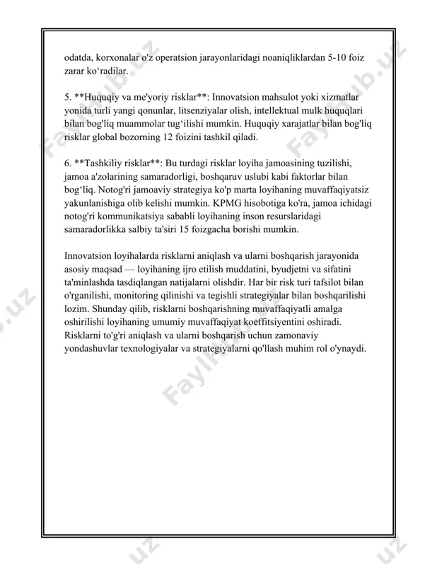 ish strategiyalari vaqt o‘tishi bilan yangilanib, adekvat ravishda sozlanib turilishi kerak. 8. strategiyani qayta ko‘rib chiqish: har qanday risk boshqaruv strategiyasi doimiy ravishda qayta baholanib, kerak bo‘lsa o‘zgartirilishi zarur. tashkilotlar doimo o‘z faoliyatida yuzaga kelishi mumkin bo‘lgan yangi xavflarni ko‘rib chiqib, strategiyalarni shunga mos ravishda moslashtirishlari lozim. risklarni boshqarishning yuqorida sanab o‘tilgan usullari korxonalar va tashkilotlarga o‘z faoliyatlarida barqarorlikni saqlash, noaniqliklarni nazorat qilish va moliyaviy barqarorlikni kuchaytirish imkoniyatini beradi. maqsad — korxonaning uzoq muddatda muvaffaqiyatga erishishi uchun tavakkalchiliklarni eng maqbul darajada boshqarishdir. bu esa, o‘z navbatida, tijoriy maqsadlarga erishishda mustahkam poydevor yaratishga yordam beradi. 3. innovatsion loyihalarda tavakkalchilik darajasini baholash innovatsion loyihalarda tavakkalchilik darajasini baholash jarayoni moliyaviy, texnologik va bozor omillarini o'z ichiga oladi. ushbu jarayon ko'plab statistik usullar va ko'rsatkichlar orqali amalga oshirilishi mumkin. quyida innovatsion loyihalardagi tavakkalchilik darajasini baholashga oid ba'zi muhim ma'lumot va raqamlar keltiriladi. 1. **moliyaviy tavakkalchilik**: moliyaviy tavakkalchilik darajasini baholashda korxona faoliyatiga tushadigan daromadning o'zgaruvchanligi …