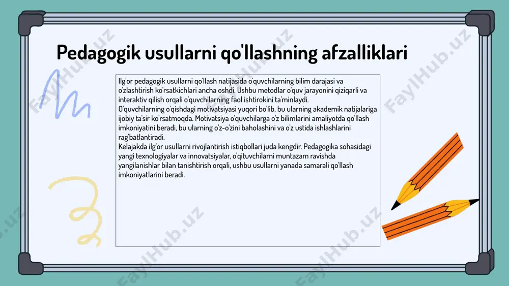 ro baham ko'rish va tahlil qilish**: o'qituvchilar o'zaro tajribalarini baham ko'rish orqali yangi g'oyalar va yondashuvlarni o'rganish imkoniyatiga ega bo'lishadi. - **muammolar va echimlar**: - **o'qituvchilarning tajribalarini baholashning qiyinchiliklari**: ba'zi o'qituvchilar o'z tajribalarini baholashda qiyinchiliklarga duch kelishi mumkin, bu esa ularning o'rganish jarayonini sekinlashtiradi. - **tajribalarni qabul qilish va tatbiq etish jarayonidagi to'siqlar**: o'qituvchilar yangi tajribalarni qabul qilishda va ularni amaliyotda tatbiq etishda to'siqlarga duch kelishi mumkin. - **kelajak va rivojlantirish istiqbollari**: o'qituvchilar o'z tajribalarini yanada samarali tarzda ishlatishlari uchun zamonaviy texnologiyalar va metodologiyalarni qo'llashlari muhimdir. bu, o'qituvchilarning tajribalaridan yanada samarali foydalanishga yordam beradi. xulosa innovativ pedagogik usullar o'quvchilarning motivatsiyasini oshirib, ta'lim natijalarini yaxshilaydi. tajribali o'qituvchilardan olingan misollar innovatsion yondashuvlarning ahamiyatini ko'rsatadi. o'qituvchilarning tajribalaridan foydalanish ta'lim jarayonini rivojlantirish uchun muhimdir. e'tiboringiz uchun rahmat! image1.png image2.png image3.png image4.png image5.png image6.png image7.png image8.png image9.png image10.png image11.png image18.png image19.png image20.png image21.png image22.png image23.png