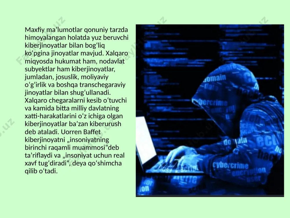 lari, kompyuter qurtlari, fishing, zararli dasturlar, apparat usullari, dasturlash skriptlari kabi vositalar yordamida kompyuter tarmoqlarini, xususan, internetga ulangan shaxsiy kompyuterlarni qasddan, keng miqyosda buzish harakatlari internet terrorizmining koʻrinishi boʻlishi mumkin.kiberterrorizm munozarali atamadir. baʼzi mualliflar maʼlum terroristik tashkilotlar tomonidan signalizatsiya, vahima yoki jismoniy buzilishlarni yaratish maqsadida axborot tizimlariga qarshi hujumlarni buzish bilan bogʻliq juda tor taʼrifni tanlaydilar. boshqa mualliflar esa kiberjinoyatni oʻz ichiga olgan kengroq taʼrifni afzal koʻrishadi. kiberhujumda ishtirok etish, hatto zoʻravonlik bilan amalga oshirilmagan boʻlsa ham, terror tahdidi idrokiga taʼsir qiladi.baʼzi taʼriflarga koʻra, onlayn faoliyatning qaysi holatlari kiberterrorizm yoki kiberjinoyat ekanligini farqlash qiyin boʻlishi mumkin. kiberterrorizmni shaxsiy maqsadlar yoʻlida vayron qilish va zarar yetkazish uchun kompyuterlar, tarmoqlar va ommaviy internetdan qasddan foydalanish sifatida ham eʼtirof etish mumkin. tajribali kiberterrorchilar, buzgʻunchilik boʻyicha juda malakali boʻlganlar hukumat tizimlariga katta zarar yetkazishi va keyingi hujumlardan qoʻrqib, mamlakatni tark etishi mumkin.bunday terrorchilarning maqsadlari siyosiy yoki mafkuraviy boʻlishi, bu esa terrorning bir koʻrinishi deb …