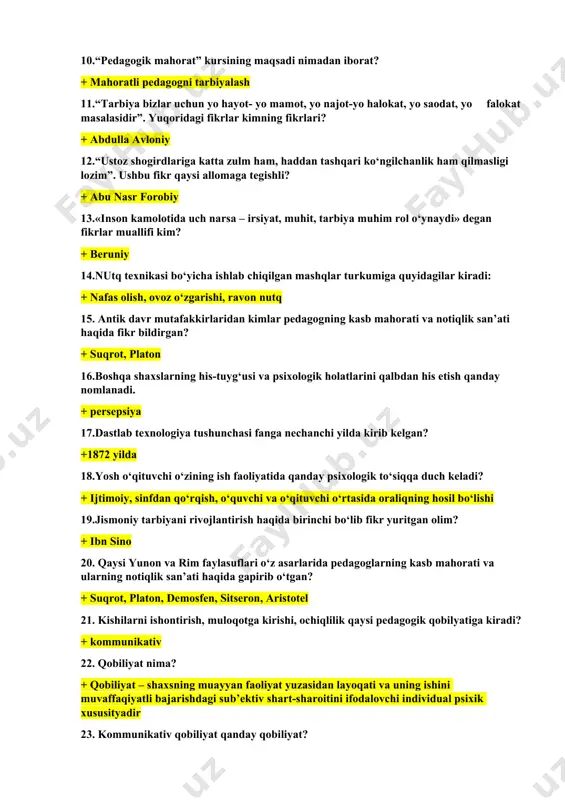 ’rsatilgan + o’qituvchi faoliyatining maqsadi; o’qituvchi faoliyatining ob’ekti va sub’ekti; o’qituvchi faoliyatining vositasi 9.pedagogik mahorat – pedagogik jarayonni bilish, uni tashkil eta olish, harakatga keltira olish, pedagogik jarayonning yuqori samaradorligini belgilovchi shaxsning ish sifati va xususiyatlari sintezidir. ta’rif muallifini toping + n.n.azizxo’jaeva 10.“pedagogik mahorat” kursining maqsadi nimadan iborat? + mahoratli pedagogni tarbiyalash 11.“tarbiya bizlar uchun yo hayot- yo mamot, yo najot-yo halokat, yo saodat, yo falokat masalasidir”. yuqoridagi fikrlar kimning fikrlari? + abdulla avloniy 12.“ustoz shogirdlariga katta zulm ham, haddan tashqari ko‘ngilchanlik ham qilmasligi lozim”. ushbu fikr qaysi allomaga tegishli? + abu nasr forobiy 13.«inson kamolotida uch narsa – irsiyat, muhit, tarbiya muhim rol o‘ynaydi» degan fikrlar muallifi kim? + beruniy 14.nutq texnikasi bo‘yicha ishlab chiqilgan mashqlar turkumiga quyidagilar kiradi: + nafas olish, ovoz o‘zgarishi, ravon nutq 15. antik davr mutafakkirlaridan kimlar pedagogning kasb mahorati va notiqlik san’ati haqida fikr bildirgan? + suqrot, platon 16.boshqa shaxslarning his-tuyg‘usi va psixologik holatlarini …