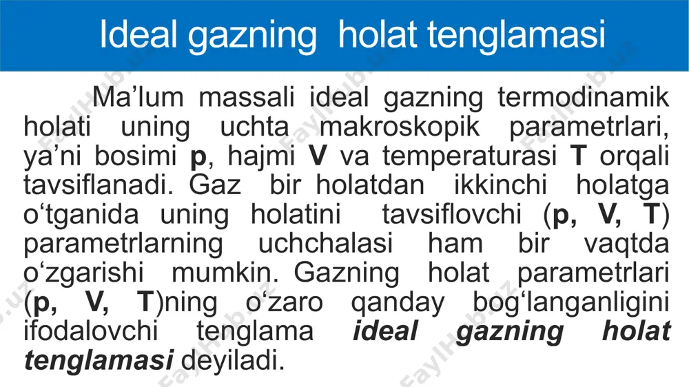 avob: t = 45⁰c mustaqil bajarish uchun topshiriqlar qanday tenglamaga ideal gazning holat tenglamasi deyiladi? mendeleyev – klapeyron tenglamasini keltirib chiqaring. klapeyron tenglamasini va uning fizik ma’nosini yozing. 7-mashqning 2,4,6,8-masalalarini yechish (32-bet). image1.png image2.jpg image3.png image4.png image5.png image6.png image7.png image8.png image9.png image10.png image11.png