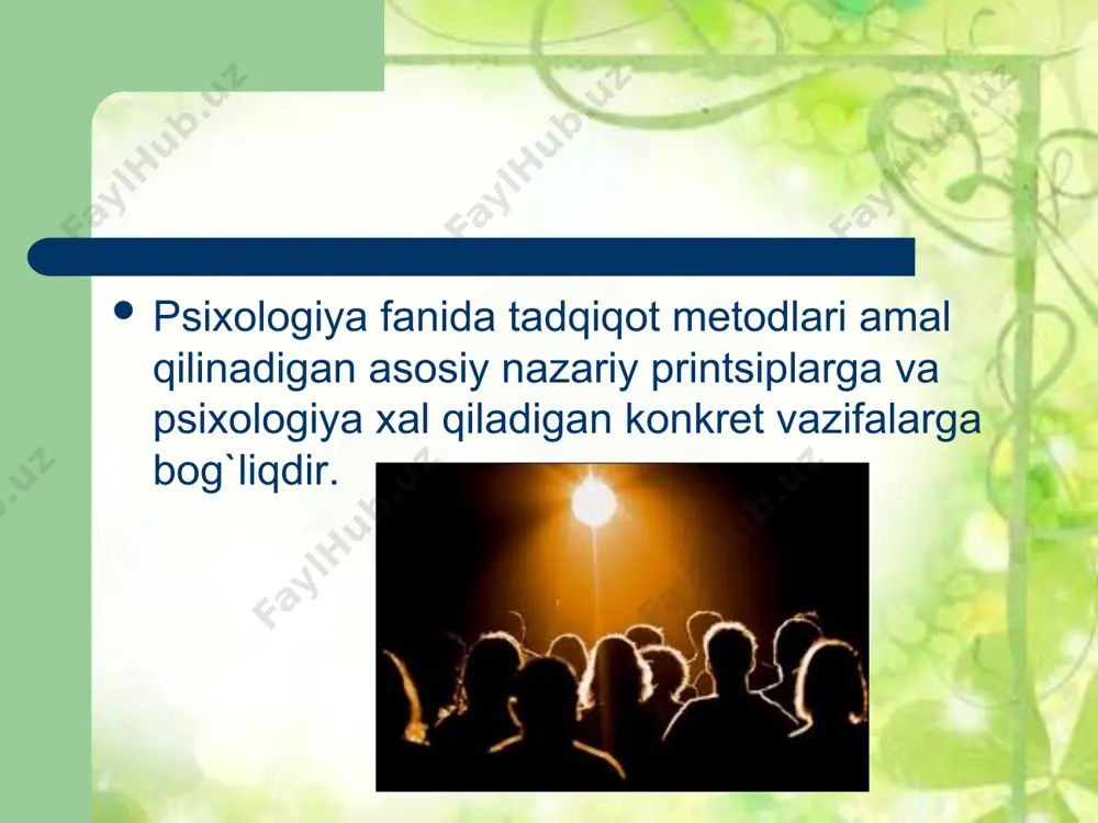 qilish, turli jinoyatchilik singarilar ham o`ta muhim bo`lganligidan psixologik tadqiqotlar orqali aniqlanadi va tuzatishlar kiritiladi. psixologiyada inson psixikasini tadqiq qilish mеtodlarining turli tasnifi mavjud. har qanday psixologik tadqiqot o`z–o`zini tеkshirish, boshqalardagi o`zgarish va rivojlanishni tеkshirishdan iborat bo`ladi, shuning uchun ham bularni sub'еktiv va ob'еktiv tadqiqot mеtodlari dеb aytish mumkin. psixologiyada gеnеtik printsipdan foydalanish zarurligini p. p. blonskiy (1884–1941), l. s. vigotskiy (1896–1934), s.l.rubinshtеyn (1889–1960), a.n. lеontеv (1903–1979) lar o`z asarlarida ta'kidlaganlar.