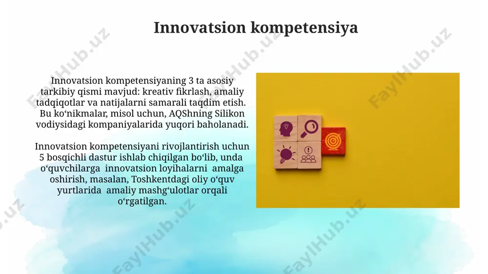 rgalikdagi ishlashi 100% muvaffaqiyatli muloqotni ta'minlaydi. kommunikativ kompetensiyaning samaradorligi, masalan, xalqaro biznes muzokaralari kabi murakkab vaziyatlarda, 70% dan ortiq muvaffaqiyat darajasini ta'minlaydi, bu esa 3 ta asosiy omil: til, madaniy va ijtimoiy bilimlarga bog'liq. umumlashgan kompetensiyalar umumiy kompetensiyalar, masalan, muloqot qobiliyati, 5 ta mamlakatdan olingan 200 ta talabaning tadqiqotida, muvaffaqiyatli bitiruvchilarning 80% da yuqori darajada namoyon bo'lgan. umumiy kompetensiyalarni rivojlantirish dasturlari, masalan, jamoaviy ishlash bo'yicha treninglar, yaponiyaning 10 ta kompaniyasida samaradorlikni 15% ga oshirgan. shaxsiy kompetensiyalar o'zbekistonning 10 ta yirik universitetida o'tkazilgan so'rovnomalar shuni ko'rsatdiki, shaxsiy kompetensiyalarni rivojlantirishda 70% dan ortiq talabalar amaliy mashg'ulotlar va treninglarni samarali deb baholadilar. samarqanddagi pedagogika instituti tomonidan olib borilgan tadqiqotlar, shaxsiy kompetensiyalarning 3 ta asosiy tarkibiy qismini – bilim, ko'nikma va qobiliyatlarni aniqladi va ularning o'zaro bog'liqligi 85% ni tashkil etishini ko'rsatdi. kasbiy kompetensiyalar toshkent shahridagi it kompaniyalarida 3 yildan ortiq tajribaga ega bo'lgan mutaxassislarning 70% i o'z kasbiy kompetensiyalarining doimiy takomillashtirilishiga e'tibor beradi. …