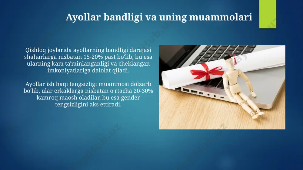 i keladi, bu esa yoshlar orasida shaharlarga migratsiyaning yuqori darajasini keltirib chiqaradi. 2023 yilgi maʼlumotlarga koʻra, aholi bandligining 15% dan kamrogʻi rasmiy ish joylarida band boʻlib, koʻpchilik norasmiy sektorga jalb qilingan. bandlik siyosati va uning asosiy yo'nalishlari kam ta'minlangan oilalarga 30% gacha subsidiya berish orqali ishga joylashishni qo'llab-quvvatlash, bandlikka oid davlat dasturlari doirasida amalga oshiriladigan muhim yo'nalish hisoblanadi. 2024 yil uchun bandlikni ta'minlash bo'yicha strategiya, raqamli iqtisodiyot sohasida 5000 dan ortiq yangi ish o'rinlari yaratishni nazarda tutadi, bu esa ishsizlik darajasini pasaytirishga yordam beradi. aholi bandligining shakllanishiga ta'sir etuvchi omillar ta'lim tizimining sifat darajasi va malaka oshirish kurslarining mavjudligi ham aholi bandligini shakllantirishga sezilarli ta'sir ko'rsatadi, chunki 60% dan ortiq ish o'rinlari yuqori malakali mutaxassislarni talab qiladi. aholi bandligini ta'minlashda migratsiya jarayonlari ham muhim rol o'ynaydi, o'rtacha hisobda har yili 5% atrofida aholining boshqa hududlarga ko'chishi ish bozorining o'zgarishiga olib keladi. e'tiboringiz uchun rahmat @taqdimot_robot image6.jpg image7.jpg image8.jpg image9.jpg image10.jpg …