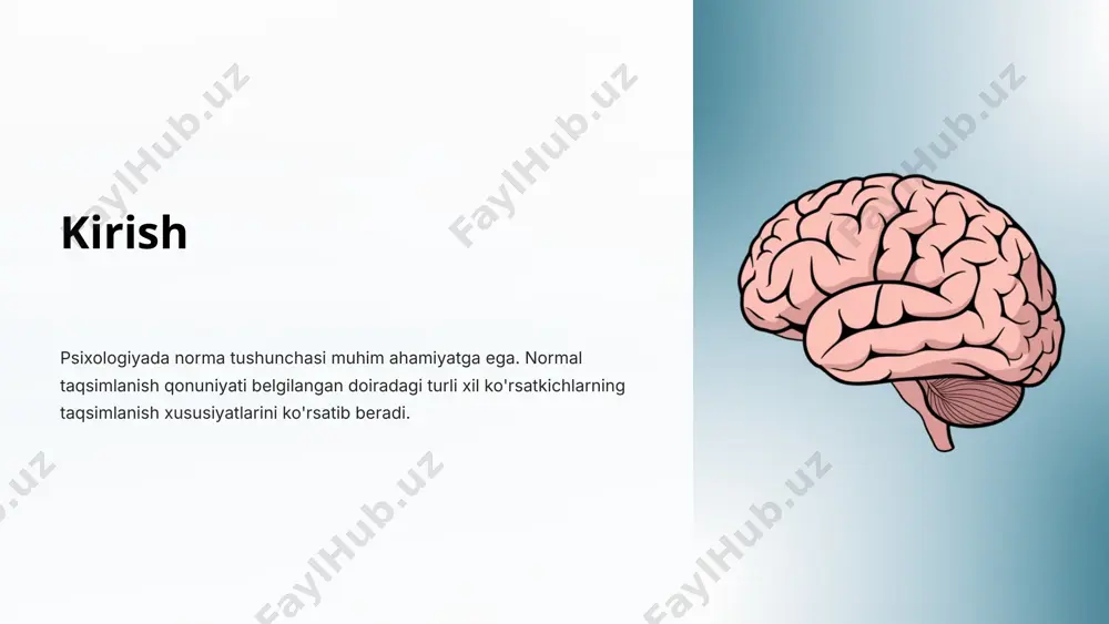 nish qonuniyatlarining mohiyatini chuqur tushunish normal taqsimlanish qonuniyatlari statistika va matematika fanlari tomonidan asoslangan bo'lib, ular amaliy psixologiya sohasida keng qo'llaniladi. bu qonuniyatlar insonlar va inson guruhlari o'rtasidagi xatti-harakatlarni, shuningdek, individual xususiyatlarni to'g'ri tahlil qilish va tushuntirish uchun muhim ahamiyat kasb etadi. 6 normal taqsimlanish grafigi va uning xususiyatlari normal taqsimlanish grafigi bir "qo'ng'iroq" ko'rinishida bo'ladi. bu grafik xususiyatlarining o'ziga xos belgisi - x o'qi bo'yicha simmetrik taqsimlanish, y o'qi bo'yicha esa assimetrik taqsimlanishdir. bu grafik "qoida bo'yicha" yoki "o'rtacha" taqsimlanishni aks ettiradi. normal taqsimlanish egri chizig'i o'rta qiymatlarga nisbatan ko'proq noqulaylik, darajasi kamayishini ko'rsatadi. bu qonuniyat psixologiyada ham keng qo'llaniladi, masalan, intellekt koeffitsientlarining taqsimlanishi yoki shaxs xususiyatlarini aks ettirish kabi hollarda. 7 matematik statistikada normal taqsimlanish qo'llaniladigan sohalar normal taqsimlanish psixologiyada, iqtisodiyotda, tibbiyotda va boshqa ko'plab sohalarda keng qo'llaniladi. asosiy xususiyatlari normal taqsimlanish simmetrik, junlash nuqtalarida eng katta qiymatga ega, uning ko'rinishi zvonsimon shaklga o'xshaydi. matematik xususiyatlari normal taqsimlanishni …