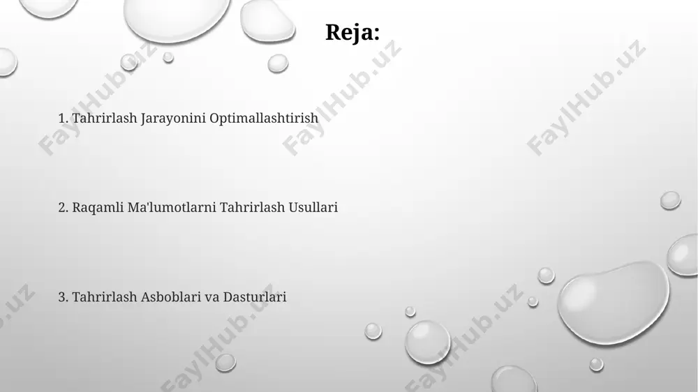 ralarini qo‘llash, hisob qaydnomangiz va fayllaringizni himoya qilishda muhim rol o‘ynaydi. fayllarga raqamli imzo qo‘yish ularning asl ekanligini va o‘zgartirilmaganligini tasdiqlashga yordam beradi, bu esa 99% dan yuqori ishonchlilik darajasini ta’minlaydi. raqamli ma'lumotlarni tahrirlashning asosiy usullari rasmli ma'lumotlarni tahrirlashda yorqinlik, kontrast, to'yinganlik kabi parametrlarni 1-100% oralig'ida o'zgartirish, shuningdek, rasmning o'lchamlarini piksellarda (masalan, 1920x1080) aniq belgilash va kesish mumkin. matnli ma'lumotlarni tahrirlashda 10 dan ortiq so'zlarni bir vaqtda almashtirish, nusxalash yoki o'chirish kabi ommaviy operatsiyalarni amalga oshirish uchun "topish va almashtirish" funksiyasi va boshqa avtomatlashtirilgan vositalardan foydalanish mumkin. raqamli ma'lumotlarni tahrirlashda fayllarni bir nechta formatlarga (masalan, .doc, .pdf, .txt) o'tkazish va ularni maxsus dasturlar yordamida (masalan, adobe acrobat, microsoft word) tahrirlash mumkin, bu esa turli xil tahrirlash imkoniyatlarini beradi. audio fayllarni tahrirlash ko'p yo'lakli audio tahrirlash dasturlari, masalan, 16 ta yo'lakgacha qo'llab-quvvatlaydi, bu musiqa aralashtirilganda juda foydali. audio fayllarni tahrirlashda, 44.1 khz kabi yuqori chastotali namunalarni ishlatish tovush sifatini sezilarli darajada …