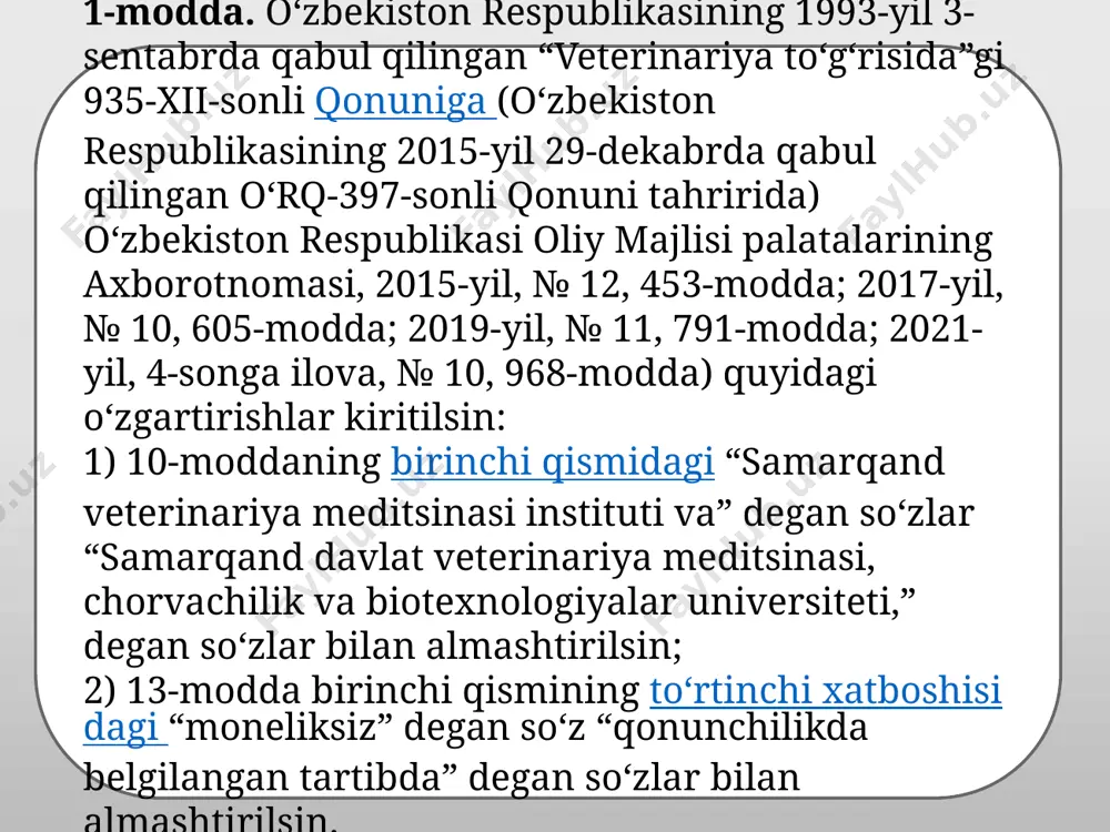 arga va odamga o‘tishi ehtimoli mavjud bo‘lgan kasalliklar. 2-bob. veterinariya va veterinar osoyishtalikni ta’minlash sohasini davlat tomonidan tartibga solish 4-modda. veterinariya sohasidagi davlat siyosatining asosiy yo‘nalishlari veterinariya sohasidagi davlat siyosatining asosiy yo‘nalishlari quyidagilardan iborat: veterinariya sohasidagi tadbirlarni ishlab chiqish va amalga oshirish; davlat tomonidan veterinariya sohasidagi normalarni belgilash; davlat veterinariya nazoratini amalga oshirish; veterinariya sohasida xalqaro hamkorlikni rivojlantirish. 5-modda. o‘zbekiston respublikasi vazirlar mahkamasining veterinariya sohasidagi vakolatlari o‘zbekiston respublikasi vazirlar mahkamasi: veterinariya sohasida yagona davlat siyosati amalga oshirilishini ta’minlaydi; veterinariya sohasidagi davlat dasturlarini tasdiqlaydi va ularning bajarilishi ustidan nazoratni amalga oshiradi; profilaktikasi, tashxis qo‘yilishi va tugatilishi o‘zbekiston respublikasi davlat byudjeti mablag‘lari hisobidan amalga oshiriladigan hayvonlarning o‘ta xavfli yuqumli kasalliklari ro‘yxatini tasdiqlaydi; hayvonlarning va odamning sog‘lig‘i uchun xavf tug‘diradigan va bunda hayvonlar, kelib chiqishi hayvonotga mansub mahsulot va xom ashyo olib qo‘yiladigan hamda yo‘q qilib tashlanadigan hayvonlarning kasalliklari ro‘yxatini tasdiqlaydi. 6-modda. mahalliy davlat hokimiyati organlarining veterinariya sohasidagi vakolatlari mahalliy davlat hokimiyati organlari: …
