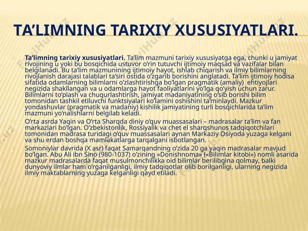 i: 1) olam haqidagi bilimlar; 2) faoliyatni amalga oshirish usullari tajribasi; 3) ijodiy faoliyat tajribasi; 4) atrof-muhitga emotsional (hissiy) qadriyatli munosabat tajribasi. bilim va ko’nikmalar ijodiy faoliyat asosi bo’lib qolishi mumkin, lekin unga tayyorlikka kafolat bo’la olmaydi. ijodga, ta’limning o’ziga xos turi sifatida maxsus o’qitish kerak bo’ladi. atrof-muhitga emotsional-umumiy munosabatda bo’lish u haqida bilish, lekin ularga to’g’ridan-to’g’ri bog’liq bo’lmaslikni nazarda tutadi. uni rivojlantirish uchun o’qitish jarayonida maxsus ishlash olib berish zarur. ilmiy asoslangan ta’lim mazmunini qanday aniqlash mumkin? ta’lim mazmuniga nima ta’sir ko’rsatadi? u nimaga bog’liq bo’ladi? ta’lim mazmunini aniqlovchi asosiy omillar quyidagilardan iborat bo’ladi: fan, texnika, madaniyatning jamiyatda rivojlanganligi darajasi; ta’limning maqsad va vazifalari; o’quvchilarning yoshi xususiyatlari; o’quvchi shaxsining ehtiyojlari. umumiy o’rta va o’rta maxsus ta’lim mazmuni o’quvchilarda atrof-muhit haqida umumiy tasavvurlarni hosil qilishi, ularni o’zlarining amaliy faoliyatlari uchun zarur bo’lgan bilimlarni izlashg va bu bilimlarni hayotiy muammolarni hal etishda qo’llashga o’rgatishi kerak. ta’lim mazmuni o’quv rejalari, o’quv dasturlarida, …