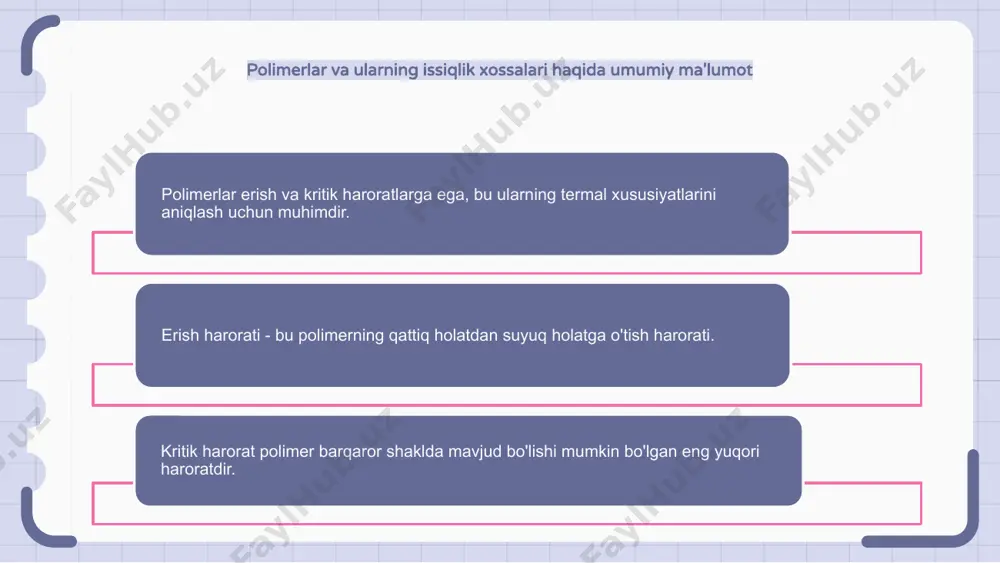 ari polimerlarning erishi va kritik haroratlariga ta'sir qiladi. aralashmada har xil turdagi polimerlarning mavjudligi umumiy harakatni o'zgartirishi mumkin. aralashmaning erish harorati alohida polimerlarning erish haroratidan past bo'lishi mumkin, bu barqarorlikning pasayishini ko'rsatadi. xuddi shunday, polimer fazali o'tishni boshdan kechiradigan kritik haroratga aralashmada boshqa polimerlarning mavjudligi ham ta'sir qilishi mumkin. umumiy polimer turlarining erishi va kritik haroratlari polimerlarning erishi va kritik haroratlari polimer turiga qarab farq qiladi. polietilen, polipropilen va polivinilxlorid kabi keng tarqalgan polimer turlari turli erish va kritik haroratlarga ega. misol uchun, polietilenning erish harorati 115-135 daraja selsiy va kritik harorat 225-250 daraja atrofida. 1 2 3 erish va kritik haroratni aniqlashda zanjir egiluvchanligining roli polimerlarning erishi va kritik haroratlari zanjirning egiluvchanligi roliga bog'liq. zanjirning moslashuvchanligi polimerlarning erishi va kritik haroratlarini aniqlashda hal qiluvchi rol o'ynaydi. polimerlarning erish va kritik haroratlariga zanjirning egiluvchanlik darajasi ta'sir qiladi. polimerlardagi termal o'tishlar: shisha o'tish va erishga o'tish polimerlarning erish harorati - bu …