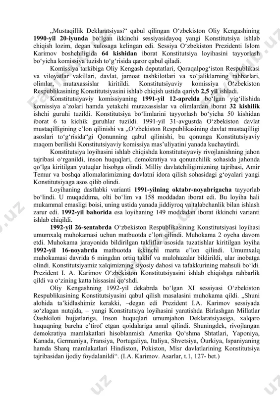 ish zarur edi, albatta. milliy istiqlolning dastlabki kunidanoq chinakam mustaqil o‘zbekistonni barpo etish, har qanday „izm“lardan xoli xalqchil, adolatli jamiyat qurish bosh maqsad qilib qo‘yildi. davlatimiz ichki va tashqi siyosatining asosiy yo‘nalishlari ana shu bosh maqsaddan kelib chiqqan holda belgilandi. kelajagi buyuk o‘zbekiston davlatining siyosati inson va jamiyatning erkinligini, fuqarolarning farovon turmushini ta’minlashga qaratilgan. yurtboshimiz o‘zining mazkur asarida jamiyatning siyosiy va davlat tuzilishini insonga siyosiy, iqtisodiy va ijtimoiy turmush tarzini o‘zi erkin tanlab olishini kafolatlaydigan darajada isloh etish, tubdan yangilash vazifalarini belgilab berdi. 1993-yilda nashr etilgan „o‘zbekiston – bozor munosabatlariga o‘tishning o‘ziga xos yo‘li“ nomli asarida islom karimov yangi jamiyat qurishning besh tamoyilini asoslab berdi. 1. iqtisodiyotni mafkuradan xoli etish, iqtisodning siyosatdan ustunligi, o‘ziga xos ichki qonunlarga muvofiq rivojlanishi. 2. davlat bosh islohotchi, iqtisodiy o‘zgartirishlarning tashabbuskori. 3. qonun ustuvorligi, qonun oldida hammaning barobarligi va hammaning qonunga bo‘ysunishi. 4. bozor iqtisodiyotiga o‘tishning barcha bosqichlarida kuchli ijtimoiy siyosat yuritish, aholining muhtoj tabaqalarini …