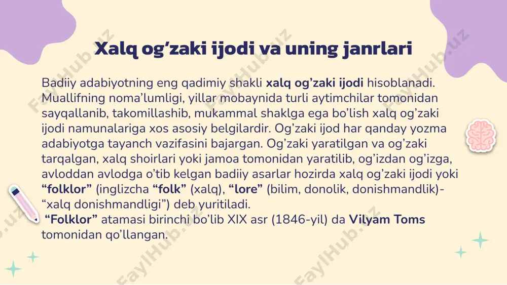 , “misol”, “o’xshashlik”, “ramzli hikoya”) badiiy adabiyotning eng qadimiy janrlaridan bo’lib, ta’limiy-tarbiyaviy mazmunga ega bo’lgan, ko’proq maishiy-axloqiy, ijtimoiy-siyosiy mavzularda, asosan, majoziy obrazlar vositasida voqelikni aks ettiruvchi, xulosali kichik hikoyachalardir. ular ko’pincha she’riy shaklda bo’lib, ba’zan nasrda ham yaratilishi mumkin. ko’chma ma’noda ishlatiluvchi xalq majoziy iboralarining bir turi matallardir. matal o’z ma’nosidan boshqa ma’noga ko’chirilgan so’z birikmalaridan iborat bo’ladi, unda o’xshatish, kinoya, qochirma so’z va boshqa til vositalari qo’llaniladi. maqollar tugal fikr ifoda etadi, matallarda esa bunday xususiyat bo’lmaydi. misollar; “tuyaning dumi yerga tekkanda”, “ilon inidan chiqadigan”. askiya- o’zbek xalq og’zaki ijodining hozirjavoblik asosida paydo bo’lgan, topqirlikka tayanadigan xushchaqchaq janrlaridan biridir. “askiya” arabcha “zakiy” so’zidan olingan bo’lib, “zehni o’tkir, so’zamol, zakovatli” ma’nolarini bildiradi. “zakiy” so’zining ko’plik shakli “askiyo” bo’lib, talaffuzda “askiya” ko’rinishini olgan. askiyaning latifadan asosiy farq qiladigan jihatlaridan biri uning takror ijro etilmasligi. matallar askiya xalq dostonlari doston xalq og’zaki ijodining eng murakkab, yirik va keng tarqalgan janrlaridan biridir. “doston” …