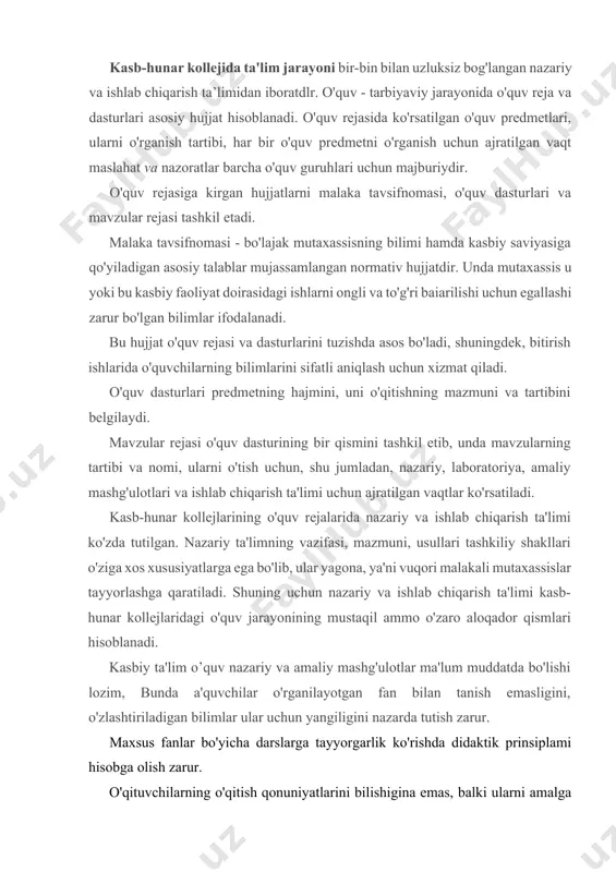 sh emasligini, o'zlashtiriladigan bilimlar ular uchun yangiligini nazarda tutish zarur. maxsus fanlar bo'yicha darslarga tayyorgarlik ko'rishda didaktik prinsiplami hisobga olish zarur. o'qituvchilarning o'qitish qonuniyatlarini bilishigina emas, balki ularni amalga oshirish uchun qulay sharoitlar yaratish ham muhimdir. bunga esa o'quv jarayonini tashkil etishda o'qitishning asosiy qoidalariga tayanisb kerakligini chuqur anglagan taqdirdagina erishishi mumkin. bu qoidalar didaktikada o'qitish tamoyillari yoki didaktik tamoyillar deb ataladi. didaktik tamoyillar: ta'limni ilmiy asosda tashkil etish; uning tarbiyaviy holati, muntazamligi va izchilligi; ko'rgazmaliligi, mazmunining o'quvchilarga mos bo'lishi; o'qitishning faolligi va ongliligi; bilim, ko'nikma va malakalarni puxta o'zlashitirish hamda har bir o'quvchiga yakka tartibda yondashishdan iboratdir. o'qituvchi o'quvchilarga mashma va qurollaming tuzilishi, ishlash tamoyil va mehnatni tashkil etishni chuqur o'rgatishi, ularni qishloq xo'jaligini yanada rivojlantirish rejalari, fan va texnikaning yutuqlari, olimlar, muhandis hamda ishchilarning xizmatlari haqidagi ma'lumotlar bilan ham tanishtirish lozim, shuning uchun o'qituvchilar quyidagi tamoyillarga rioya qilishlari zarur. · ta'limni ilmiy asosda tashkil etish tamoyili o'quvchilarning ta'limiy …