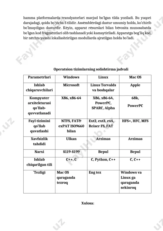 alohida sathlari xossalari: 1. har bir sathda, yuqori sathlar mavjudligi va xossalari to’g’risida xech narsa ma'lum emas. 1. har bir sathda, boshqa sathlar ichki tuzilishi to’g’risida xech narsa ma'lum emas. ular orasidagi bog’lanish oldindan belgilangan hat'iy qoidalar orhali olib boriladi. 1. har bir sath bir nechta moduldan iborat, ularning ba'zilari ichki hisoblanadi va ularga boshqa sathlar murojaat qilishi mumkin. holgan modullar nomi yuqori sathlarga ma'lum va shu sathlar bilan bohlana oladi. 1. har bir sath ma'lum resurslarga ega, u o’z resurslari abstraktsiyalarini (virtual resurslarni) boshqa sathlardan yashirishi yoki taklif qilishi mumkin. 1. har bir sath, tizimda ma'lumotlarning ma'lum abstraktsiyasini ta'minlaydi. 1. har bir sathda, boshqa sathga nisbatan qilinayapgan taklif minimal bo’lishi shart. 1. sathlar orasidagi bog’lanish aniq argumentlar, bir sathdan ikkinchisiga uzatiladigan argumentlar bilan chegaralangan bo’lishi kerak. 1. global ma'lumotlardan bir nechta sathlar foydalanishi mumkin emas. 5. mobillilik printsipi. bu printsip otni bir platformadan, boshqa tipdagi platformaga ko’chirish imkonini nazarda …