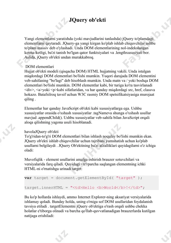 em = $( "h1" )[ 0 ]; ikkala holatda firstheadingelemham mahalliy dom elementi mavjud. bu shunga o'xshash dom xususiyatlariga .innerhtmlva shunga o'xshash usullarga ega ekanligini anglatadi .appendchild(), lekin jquery usullari yoki kabi emas . element bilan ish qilish qiyin emas, lekin uni talab ba'zi misollar bor. bunday misollardan biri taqqoslashdir..html().after()firstheadingelem barcha jquery ob'ektlari yaratilmagan ushbu "o'rash" xatti-harakatlariga oid muhim tafsilot shundaki, har bir o'ralgan ob'ekt o'ziga xosdir. ob'ekt bir xil selektor bilan yaratilgan bo'lsa ham yoki xuddi shu dom elementlariga havolalarni o'z ichiga olgan bo'lsa ham, bu to'g'ri var logo1 = $( "#logo" ); var logo2 = $( "#logo" ); da logo1va logo2shu yo'l bilan yaratilgan (va shu dom elementini o'rash), ular ayni bir ob'ekt emas. masalan: alert( $( "#logo" ) === $( "#logo" ) ); // alerts "false" biroq, ikkala ob'ektda bir xil dom elementi mavjud. .get()ikki jquery ob'ektlar shu dom elementini bor bo'lsa usul sinov uchun foydalidir. ko'pgina …