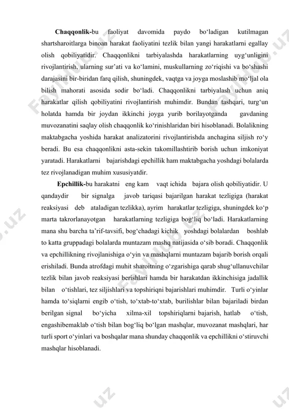 ini ko‘paytirishga e’tibor berish, bola gavdasini va oyoq-qo‘llarini rostlaydigan, to‘g‘ri turishga o‘rgatadigan mashqlar bajartirish muhim ahamiyatga egadir. maktabgacha yoshdagi bolalarda kuch-quvvatni tarbiyalashga qaratilgan mashqlar asosan dinamik harakterga ega bo‘lishi kerak. ayni vaqtda bu uzoq vaqt davom etib, asablarni ancha tarang holga keltiradigan bir xildagi zo‘riqishlar bilan bog‘liq, bo‘lmasligi shart. bundan tashqari kuchni rivojlantirishda zo‘r berib kuchlanish zarur bo‘lgan mashqlar qo‘llanmasligi kerak. maktabgacha yoshdagi bolalarining kuch-quvvatini tarbiyalash uchun qisqa muddat davom etadigan tezlik-kuch talab qiladigan mashqlar (masalan, bir joyning o‘zida turib uzunlikka sakrash, uzoqqa uloqtirish mashqlari), shuningdek, o‘z og‘irligini ko‘tarish bilan bog‘liq bo‘lgan ba’zi bir mashqlar (yengashtirib qo‘yilgan va tikka turgan narvonlar, taxtalarga tirmashib chiqish mashqlari, gimnastika skameykasida o‘z qo‘llari, kuchi bilan tortilish va shunga o‘xshash mashqlar)ni bajarish o‘rinlidir. matonat-bu jismoniy ishni imkoni boricha uzoq vaqt davomida yetarli darajadagi jadallikni saqlagan holda bajara olish qobiliyatidir. matonatni tarbiyalash organizmning turli sistemalarining miqdoriy imkoniyatlarini oshirib borish bilan, asta-sekin sharoitga moslashib borish bilan, oqibat …