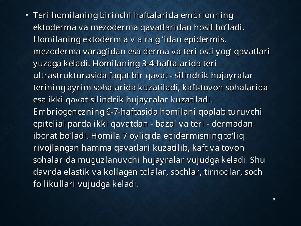 turuvchi, bo'shliqsiz birlamchi proliferativ element. do’mboqcha xususiyatlari: * * tugun (nodus) – do’mboqchadan kattaroq teri sathidan ko’tarilib turuvchi, bo'shliqsiz birlamchi proliferativ element. tugunning xususiyatlari: * * qabarchiq (urtica) – bo'shliqsiz birlamchi ekssudativ element qabarchiqning xususiyatlari: * * pufakcha (vesicula) – shaffof tarkibga ega bo'lgan ekssudativ bo'shliqli birlamchi element. pufakchaning xususiyatlari: * * pufak (bulla) – shaffof tarkibga ega bo'lgan ekssudativ bo'shliqli birlamchi element pufakning xususiyatlari: * yiringcha (pustula) – serroz-yiringli ekssudatsaqlaydigan birlamchi bo’shliqli morfologik element. * yiringchaning xususiyatlari: * pustula (yiringcha) * ikkilamchi morfologik elementlar pigmentli dog’ qipiqlanish qobiqcha yoriq eroziya yara ekskoriatsiya chandiqlanuvchi atrofiya chandiq lixenifikatsiya vegetatsiya * pigmentli dog’ – teridagi birlamchi morfologik elementlarning echimi natijasida paydo bo'ladigan pigment o’zgarishi. * qipiqlanish (squama) – terining muguz qavatining ajralishi * ekskoriatsiya(excoriatio) – terining qichitish natijasida hosil bo’lgan chiziqli eroziyalar. * ekskoriatsiyaning xususiyatlari: * * eroziya, shilinish (erosio) - teri, shilliq pardalar yoki lab qizil hoshiyasining yuza, epidermisdagi yuzaki defekti …