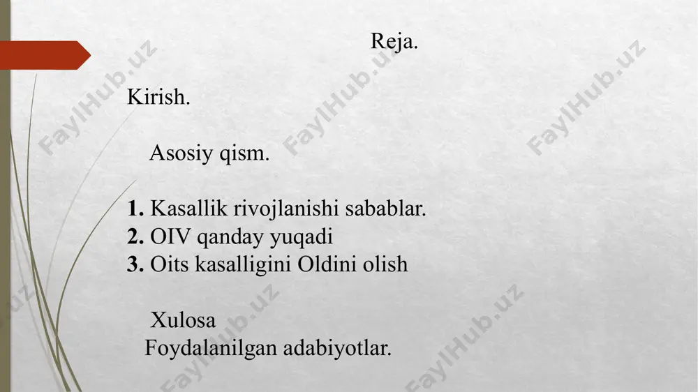 omillarga bog’liq: bemorning yoshi; tananing oivdan o’zini himoya qilishi qobiliyati; dori vositalari olish imkoni mavjudligi; boshqa infektsiyalar hamrohlik qilishi; bemorda genetik kasalliklar mavjudligi; virusning ayrim shtammlariga qarshi himoya. 06.09.2025 oiv qanday yuqadi jinsiy aloqa orqali yuqishi — bu infektsiyalangan jinsiy suyuqliklar bilan aloqa qilganda yuzaga kelishi mumkin. infeksiyalanish vaginal, oral va anal kabi himoyalanmagan jinsiy aloqa vaqtida sodir bo’lishi mumkin. perinatal yuqishi — ona tug’ruq paytida, homiladorlik paytida, shuningdek, emizishda virusni bolasiga yuqtirishi mumkin. qon quyish orqali yuqishi — hozirgi vaqtda qon quyish orqali oiv yuqtirish xavfi rivojlangan mamlakatlarda juda ehtiyotkorlik bilan tekshiruv va ehtiyot choralari tufayli juda past. shu bilan birga, giyohvand moddalarni qabul qiluvchilar yoki bemorning qoni bilan zararlangan shpritslarni qayta ishlatish oqibatida kasallik yuqish xavfi juda yuqori. 06.09.2025 oits cd4+ limfositlarning buzilishi — immun tizimi progressiv zaiflashishining asosiy sababi hisoblanadi. bu jarayon oxir-0qibat immunotanqislik sindromi rivojlanishiga olib keladi. cdc tasnifi bo’yicha oiv testi ijobiy natija berganda va …