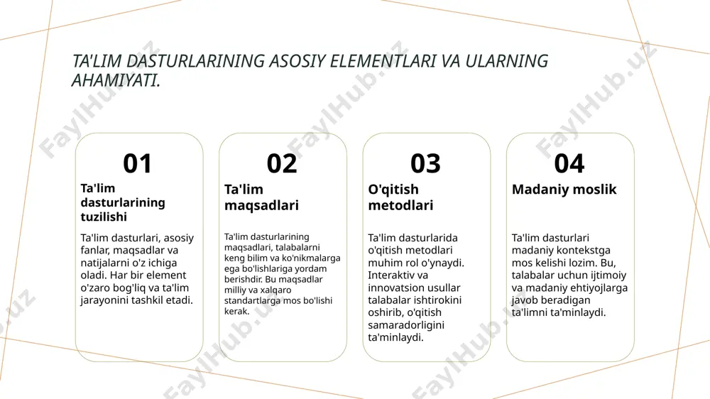 adigan usullar, talabalar o'rtasidagi farqlarni hisobga olib, o'zgarilishi va moslashishi zarur. 3 talabalar bilan muloqot talabalar bilan samarali muloqot o'qituvchi va talaba o'rtasidagi ishonchni mustahkamlashga yordam beradi, bu esa individual o'qitishni rivojlantiradi. 4 baholash tizimi talabalarni individual ravishda baholash, ularning kuchli va kuchsiz tomonlarini aniqlashga yordam beradi, shuningdek, o'qitish jarayonini takomillashtiradi. ta'lim dasturlarida madaniyat va ijtimoiy ehtiyojlarning o'rni. 1 madaniyatning roli ta'lim dasturlarida madaniyat o'ziga xos element sifatida, talabalarni milliy qadriyatlar va an'analar bilan tanishtirishda muhim rol o'ynaydi. 2 ijtimoiy ehtiyojlar ta'lim dasturlari ijtimoiy ehtiyojlarga javob berishi lozim. bu, o'quvchilarning jamiyatda faol ishtirok etishiga ko'maklashadi va ularni tayyorlaydi. 3 madaniyat va ta'lim ta'lim jarayonida madaniy kontekstni hisobga olish, o'quvchilarning shaxsiy tajribalarini va ular yashaydigan muhitni inobatga olish zarur. 4 o'zgaruvchan talablarga javob ta'lim dasturlari madaniyat va ijtimoiy ehtiyojlar asosida doimiy ravishda yangilanib borilishi kerak, shunda ular zamonaviy hayotga mos keladi. o'qitish jarayonida madaniy kontekstni hisobga olish. 1 madaniy kontekst tushunchasi …