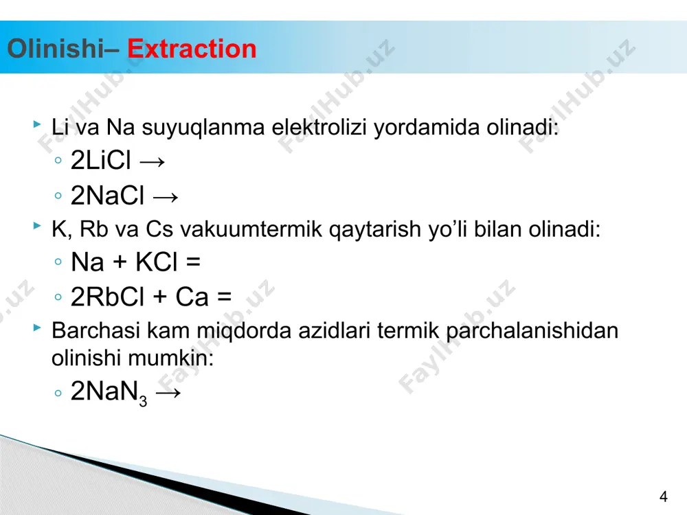 o kainit naci galit na3alf6 kriolit kaliyga yo‘ldosh element radioktiv element csal(si2o6) pollutsitdir galit thank you for attention 13 kimyoviy xossalari– chemical properties 14 suv va kislotalardan vodorodni siqib chiqaradi: 2na + 2hoh = 2naoh + h2 2k + h2so4 = k2so4 + h2 kislorod bilan faqat li oksid, qolganlari peroksid va nadperoksidlar hosil qiladi: 4li + o2 = 2li2o 2na + o2 = na2o2 k + o2 = ko2 azot bilan faqat li odatdagi sharoitda ta’sirlashadi: 6li + n2 = 2li3n this transition is responsible for an absorption in the blue part of the solar spectrum, resulting in the red colour of the complexes, in the form of a broad band peaking around 450-460 nm. the intensity of this transition is not very intense, since the molar extinction coefficient ranges from 3 to 8·103 m-1cm-1 (for a comparison, ruii tris(bipyridine) complexes absorb roughly in the same zone with an …