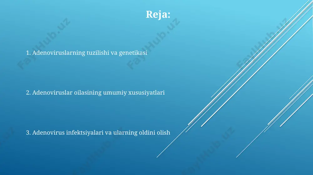 vsiya etiladi, bu yuqumli kasalliklarning tarqalishini 30-50% ga kamaytirishi mumkin. adenoviruslarning patogenligi va kasalliklari ba'zi adenovirus serotiplari, masalan, 40 va 41-serotiplar, asosan ichak infektsiyalarini, diareya va qusishni keltirib chiqaradi. adenoviruslar 51 ta serotipgacha bo'linib, har biri turli to'qimalarga tropizm ko'rsatadi, bu esa turli klinik ko'rinishlarni keltirib chiqarishi mumkin. respiraviy infektsiyalar adenoviruslarning eng keng tarqalgan kasalligi bo'lib, yiliga millionlab odamlarga ta'sir qiladi va kattalarga qaraganda bolalarda tez-tez uchraydi. adenoviruslarning infektsiya mexanizmi adenoviruslarning dnk replikatsiyasi hujayra yadrosida sodir boʻladi va bu jarayon hujayra siklining s fazasi bilan bogʻliq boʻlib, hujayraning oʻziga xos dnk-polimerazalarini ishlatadi. adenoviruslarning 50 dan ortiq serotipi mavjud boʻlib, ularning har biri hujayra retseptorlarining turli xillariga bogʻlanadi va shu sababli turli toʻqimalarga tropizm koʻrsatadi. virusning hujayraga kirib borishi ikki bosqichdan iborat: birinchi bosqichda virusiy kapsid hujayra membranasidagi retseptorlarga birikadi, keyin esa endotsitoz orqali hujayraga kiradi. adenoviruslarning tuzilishi va genetikasi virus kapsidi 252 ta ikkilik kapsomerdardan tashkil topgan va ikosaedrik simmetriyaga …