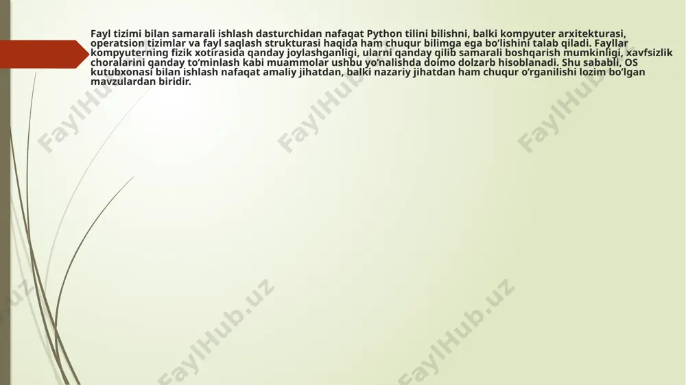h kodiimport os # foydalanuvchidan fayl yoki papka yo‘lini olish yol = input("fayl yoki papka yo‘lini kiriting: ") # yo‘l mavjudligini tekshirish if os.path.exists(yol): print("yo‘l mavjud.") # agar bu fayl bo‘lsa if os.path.isfile(yol): print("bu fayl.") # agar bu papka bo‘lsa elif os.path.isdir(yol): print("bu papka.") # to‘liq yo‘lni ko‘rsatish print("to‘liq yo‘li:", os.path.abspath(yol)) # fayl va papka nomlarini chiqarish print("papka nomi:", os.path.dirname(yol)) print("fayl nomi:", os.path.basename(yol)) else: print("yo‘l mavjud emas.") umuman olganda, os kutubxonasi yordamida fayl tizimi bilan ishlash, tizim resurslarini boshqarish va foydalanuvchining fayllar bilan ishlashini osonlashtirishda katta ahamiyatga ega. bu, ayniqsa, katta hajmdagi ma’lumotlar bilan ishlaydigan va fayl tizimi ustidan tezkor nazorat o’rnatish zarur bo’lgan dasturlar uchun zarur vosita hisoblanadi. /docprops/thumbnail.jpeg