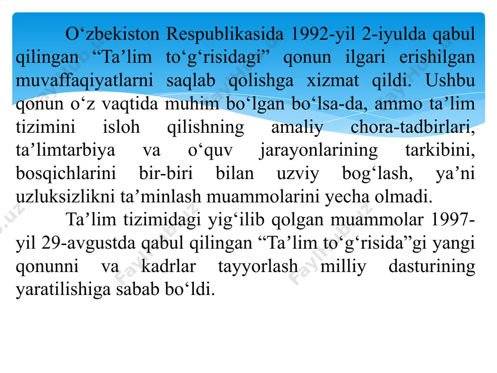 shga tushirildi. so‘nggi 2019-yili respublika bo‘yicha bolalar bog‘chalarining soni 1 ming 400 taga ortib, 6 ming 367 taga yetdi. ularda taʼlim va tarbiya ishlari mazmun hamda sifat jihatidan eng ilg‘or usul va vositalar yordamida olib borilmoqda. tarixiy maʼlumotlarga murojaat qiladigan bo‘lsak, 2000-yil boshiga kelib, mamlakatimizda 61 ta oliy, 25 ta o‘rta maxsus o‘quv yurtlari, shu jumladan, 75 ta kollejlarda 360 mingdan oshiq talaba tahsil oldi. o‘zbekistonda 2006-yilda 9748 ta maktab bo‘lib, ularda 5 mln 926860 ta o‘quvchilar taʼlim oladi. ular uchun 451567 ta o‘qituvchilar faoliyat yuritib 463 nomda 16,8 mln nusxa darslik nashr etiladi. 2019-yildan boshlab mutaxassis o‘qituvchilarning oshirilgan haqi miqdori 54 foizga, oliy toifali pedogoglarniki esa 64 foizga yetkazildi. ushbu harakatlar natijasida 2018-yilda umumiy o‘rta taʼlim maktablari 16 ming nafar oliy maʼlumotli yosh kadrlar bilan to‘ldirildi. qariyb 13 ming nafar erkak o‘qituvchilar maktablarga qaytishdi. professor-o‘qituvchilar oyligi va mavqeyini oshirish siyosati tizimli davom ettirilmoqda. oylik maoshlari bir necha barobar oshirildi. …