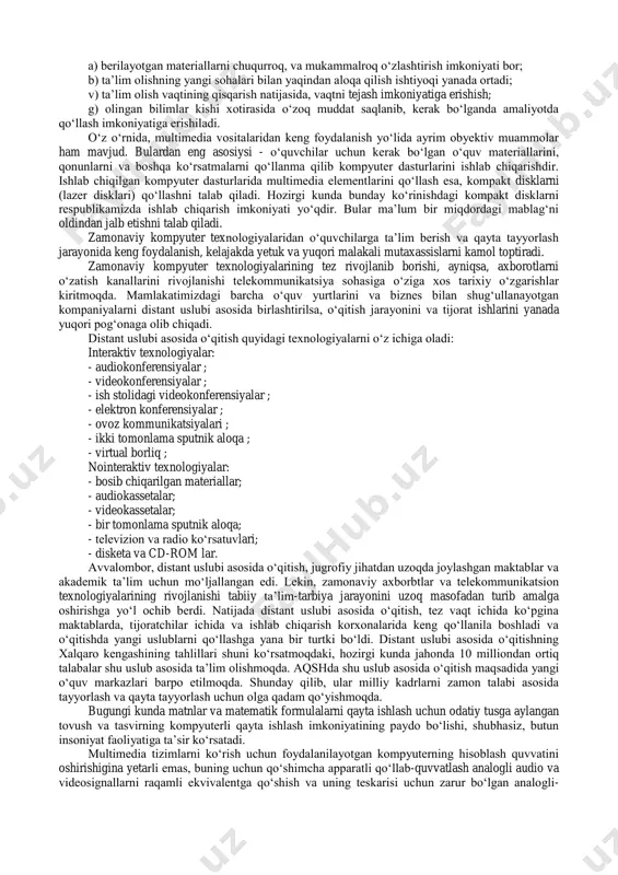 , ishlash yoki dam olish sharoitlarini yaxshilashga imkon beradi. multimedia vositalari asosida oʻquvchilarga ta’lim berish va kadrlarni qayta tayyorlashni yoʻlga qoʻyish hozirgi kunning dolzarb masalalaridandir. multimedia tushunchasi 90-yillar boshida hayotimizga kirib keldi. uning oʻzi nima degan savol tugʻiladi? koʻpgina mutaxassislar bu atamani turlicha tahlil qilishmoqda. bizning fikrimizcha, multimedia - bu informatikaning dasturiy va texnikaviy vositalari asosida audio, video, matn, grafika va animatsiya effektlari asosida oʻquv materiallarini oʻquvchilarga yetkazib berishning mujassamlangan holdagi koʻrinishidir. rivojlangan mamlakatlarda oʻqitishning bu usuli, hozirgi kunda ta’lim sohasi yoʻnalishlari boʻyicha tatbiq, qilinmoqda. hatto, har bir oila multimedia vositalarisiz hordiq, chiqarmaydigan boʻlib qoldi. multimedia vositalarining 1981 yildagi yalpi oboroti 4 mlrd. aqsh dollarini tashkil qilgan boʻlsa, 1994 yili esa 16 mlrd. aqsh dollarini tashkil qildi. hozirgi kunda esa sotilayotgan har bir kompyuterni multimedia vositalarisiz tasavvur qilib boʻlmaydi. kompyuterlarning 70- yillarda ta’lim sohasida keng qoʻllash yoʻlida urinishlar zoye ketganligi, avvalombor, ular unumdorligining nihoyatda pastligi bilan bogʻliq edi. amaliyot shuni …