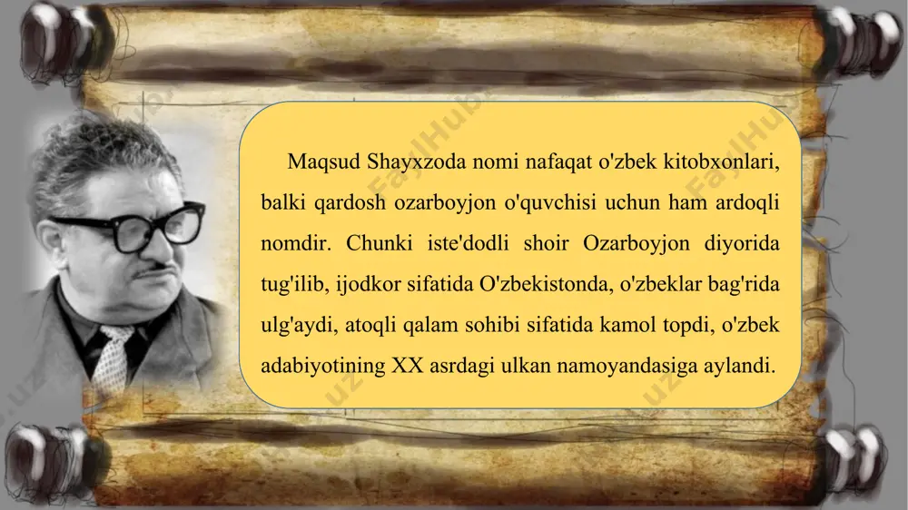 ashizm ustidan g'alaba qozonishga qaratdi. bu davr shoir ijodining yuqori darajaga ko'tarilgan, uni chinakam vatanparvar ijodkor ekanini namoyon qilgan davr bo'ldi. insoniyatga tahdid solayotgan xx asr balosi — fashizmni yo'q qilish, hayotni, tiriklikni, or-nomusni saqlash, xalqni ruhan yengilmaslikka, matonatga undash shoirning o'sha yillari chop etilgan «kurash nechun», «jang va qo'shiq», «kapitan gastello», «ko'ngil deydiki» kabi to'plamlari-ning bosh mavzusi bo'ldi. maqsud shayxzoda «jaloliddin manguberdi» dramasini yozdi. unda o'z yurtining ozodligi va mustaqilligi uchun mo'g'ul bosqinchilariga qarshi kurashgan xorazm shohining jangovar jasoratini tarixan aniq va haqqoniy tasvirladi. qadrli o'quvchi! o'zbekiston tarixi fanidan yaxshi ma'lumki, yurtimizni xiii asrlarda chingizxon qo'shinlari bosib olmoqchi bo'lganida, xalqimizning asl mard o'g'lonlaridan biri jaloliddin manguberdi istilochilarga qarshi qattiq kurashadi. vatan mustaqilligini saqlash uchun mardonavor turib jang qiladi. ushbu drama o'z vaqtida sahnalashtirilgan va jasur vatanparvar jaloliddin mangu­berdi siymosini sahnada buyuk aktyorimiz shukur burhonov gavdalantirgan. maqsud shayxzoda urushdan keyingi tinch qurilish yil­lari yana qaytadan nohaq qatag'on qilinganiga qaramay, farovon …