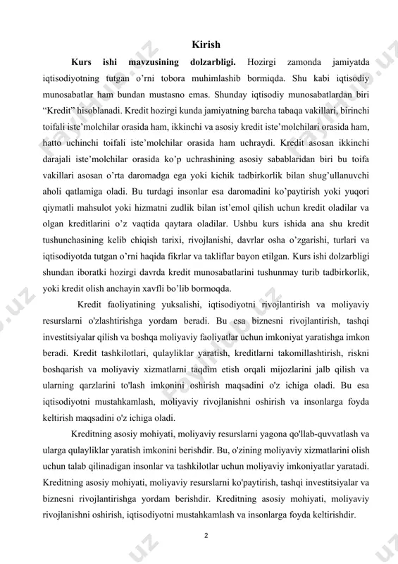 izmatlarni taqdim etish orqali mijozlarini jalb qilish va ularning qarzlarini to'lash imkonini oshirish maqsadini o'z ichiga oladi. bu esa iqtisodiyotni mustahkamlash, moliyaviy rivojlanishni oshirish va insonlarga foyda keltirish maqsadini o'z ichiga oladi. kreditning asosiy mohiyati, moliyaviy resurslarni yagona qo'llab-quvvatlash va ularga qulayliklar yaratish imkonini berishdir. bu, o'zining moliyaviy xizmatlarini olish uchun talab qilinadigan insonlar va tashkilotlar uchun moliyaviy imkoniyatlar yaratadi. kreditning asosiy mohiyati, moliyaviy resurslarni ko'paytirish, tashqi investitsiyalar va biznesni rivojlantirishga yordam berishdir. kreditning asosiy mohiyati, moliyaviy rivojlanishni oshirish, iqtisodiyotni mustahkamlash va insonlarga foyda keltirishdir. kursh ishi maqsadi insonlarga kredit xaqida batafsil ma’lumotlar berish va ularni kredit munosabatlari sohasidagi bilimlarini oshirish hisoblanadi. kredit faoliyatining asosiy maqsadi, moliyaviy resurslarni o'zlashtirish va ularga qulayliklar yaratish orqali iqtisodiyotni rivojlantirishdir. kredit tashkilotlari, banklar va boshqa moliyaviy institutlar, moliyaviy xizmatlarni olish uchun talab qilinadigan insonlar va tashkilotlarga kredit berish orqali ularga biznesni rivojlantirish, tashqi investitsiyalar qilish va boshqa moliyaviy faoliyatlar uchun imkoniyat yaratadi. bu esa …