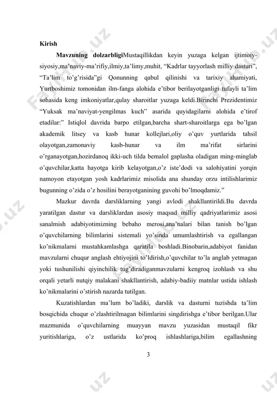 odik asoslari haqida s.dolimov,a.zunnunov,q.yo’ldoshev, b.to’xliyev,r.niyozmetova,m.mirqosimova va boshqalarning ilmiy tadqiqot ishlarida atroflicha fikr yuritilgan.ammo adabiyot darslarida ta’limiy o’yinlardan foydalanish xususida alohida tadqiqotlar amalga oshirilgan emas. kurs ishining ob’ekti va predmeti: ushbu tadqiqotda obyekt qilib,5-11-sinflar hamda akademik litseylar uchun tayyorlangan adabiyot darsliklari olindi.uning predmeti esa darslik materiallari bilan chambarchas bog’liqlikda xarakterlanadi. kurs ishining maqsadi va vazifalari: tadqiqotdan ko’zlangan maqsad 5-11-sinflar hamda akademik litseylar darslik materiallarida taniqli ijodkor va jamoat arboblari hayoti va ijodi haqidagi materiallarning berilishi, asarlaridan keltirilgan materiallar, ular uchun ajratilgan soatlar miqdori,tuzilgan savol va topshiriqlar ustida ishlash ta’limiy o’yinlardan foydalanish hamda ularning o’quvchi bilim olishidagi ahamiyati kabi metodik masalarni o’rganishga qaratilgan. mazkur maqsadga erishish uchun quyidagi vazifalarni belgilab oldik: · umumiy o’rta ta’lim maktablari dastur va darslikdan berilgan mavzularni sinchiklab o’rganish; · adabiy ta’limda ta’limiy o’yinlardan foydalanish xususida mavjud manbalarni tahlil qilish; · talimiy o’yinlarning o’quvhci psixologiyasiga ta’siri yuzasidan bildirilgan mulohazalarni o’rganish; · o’quvchilarning yosh xususiyatlarini inobatga olgan holda adabiy …