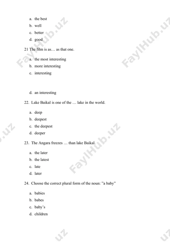 n he finishes them he will watch tv. a. did b. doing c. is doing d. do 97. why …mary go to london last week? a. did b. does c. is d. was 98. my friend …to school yesterday. a. hasn’t come b. didn’t come c. don’t come d. doesn’t come 99 i …early and got out of bed. a. wakes up b. stand up c. woke up d. wake up 100. find the appropriate word: to not let others see. a. hide b. safe c. agree d. shake find the appropriate word: how good something is quality thin -apartment stairs find the appropriate word: a way of doing something method profit - attitude - less interesting find the appropriate word: to decide that something is good or bad judge bad worse good #. find the appropriate word: a person who paints, draws,or sculpts. artist article magazine alone find the …