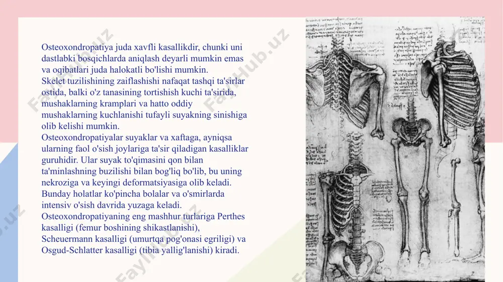men ikkala tirsak bo'g'imlarini sindirib tashladim (kiyev, 2003); osteoxondropatiya bilan og'rigan bemor qusish paytida uchta qovurg'aning yopiq sinishi bilan og'rigan (tbilisi, 1999); osteoxondropatiya bilan og'rigan bemor uyqusida mushaklarning spazmi tufayli tirsagi bo'g'inini ezib tashladi (kishinev, 2005). osteoxondropatiyalar ko'pincha jismonan rivojlangan odamlarga, ortiqcha vaznli odamlarga, psevdo-sog'lom turmush tarzini olib boradigan odamlarga ta'sir qiladi (ratsiondan ba'zi oziq-ovqatlar, dietani suiiste'mol qilish bundan mustasno). 12 osteoxondropatiyani davolash qon ta'minotini tiklash va deformatsiyalarning oldini olishga qaratilgan: konservativ davo : ta'sirlangan a'zoga yukni cheklash (tayoqchalar, ortezlardan foydalanish). og'riqni yo'qotish uchun yallig'lanishga qarshi dorilar. fizioterapiya (elektroforez, magnetoterapiya). jarrohlik davolash : murakkab holatlarda suyakning anatomik shaklini tiklash uchun jarrohlik talab qilinishi mumkin. skolioz 13 skolioz (yun. skolios — qiyshiq, egri) — umurtqa pogʻonasining yon tomonga qiyshayishi. raxit, qaddiqomatning noraso boʻlishi, umurtqa pogʻonasining shikastlanishi, nerv sistemasining baʼzi kasalliklari sabab boʻladi. skolioz koʻkrak qafasi shaklining oʻzgarishi bukrilikka olib keladi. kelib chiqishiga koʻra, tugʻma va orttirilgan skolioz farq qilinadi . skolioz …