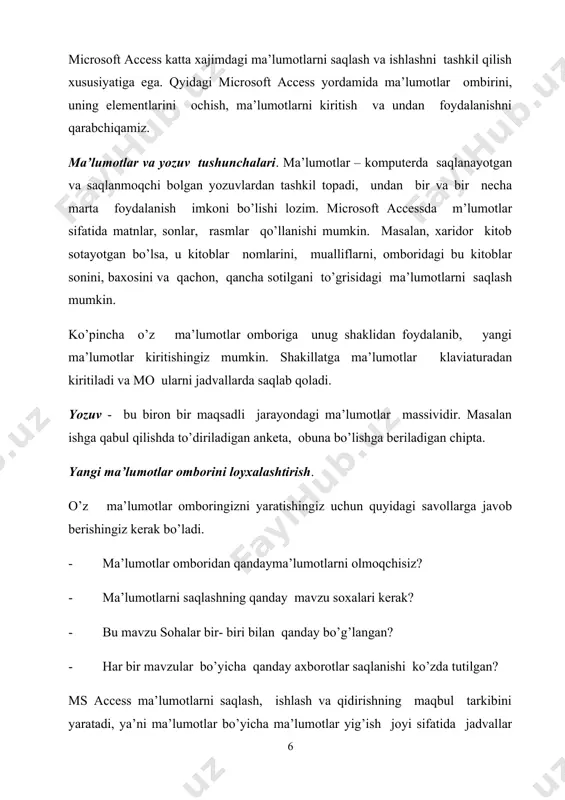 dasturlari kabi [f10 ] tugmachasi yoki “sichqoncha” ko’rsatkichi tegishi menyu bandi ustiga keltirilib, unig tugmachasi bo’ladi. ms access menyusi «файл», «правка», «вид», «виставка», «сервис», «окно», «справка» (?) belgilardan iborat. bu menyu bandlaridan istalganini ochish mumkin. buyruqlarni klaviatura yordamida ham berish mumkin. ushbu kitobni yozishda men intervyu bosqichida potentsial xodimlardan nimani kutishlarini o'rganish uchun ish beruvchilar o'rtasida o'tkazilgan milliy so'rov hisobotini ko'rib chiqdim. ushbu hisobotda aytilishicha, aniq texnik malakalar hozirda ishda o'rganish qobiliyatidan kamroq ahamiyatga ega. ish beruvchilarning talablari ro'yxatining davomi shunday ko'rinadi. • tinglash qobiliyati va og'zaki muloqot san'ati. • moslashuvchanlik va to'siqlar va muvaffaqiyatsizliklarga ijodiy munosabat. • ishni engish uchun shaxsiy qobiliyat, ishonch, maqsadlarga erishish uchun motivatsiya, martaba bilan shug'ullanish va o'z muvaffaqiyatlari bilan faxrlanish zarurati. • guruh va shaxslararo o'zaro ta'sirning samaradorligi, o'zaro yordam va jamoaviy ish, kelishmovchiliklarni muzokaralar orqali hal qilish qobiliyati. • tashkilotdagi ish samaradorligi, hissa qo'shish istagi, rahbarning salohiyati. potentsial xodimlarning yettita kerakli xususiyatidan faqat …