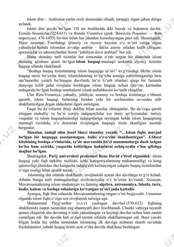 vafotlaridan soʻng urushlarda qurʼonni yod biladigan qorilar koʻpdab shahid boʻlayotganidan tashvishlangan hazrati umarning (r.a.) takliflari bilan xalifa abu bakr siddiq (r.a.) qurʼonni jamlaoshg amr berdilar. bunga hamma rozi boʻlari, hech kim qarshi chiqmadi. bu ish ijmoʼ orqali amalga oshdi. toʻrtinchi: qiyos. yaʼni, avvalgi manbalarda hukmi kelmagan masalani, shunga oʻxshash manbalarda hukmi bor narsaga qiyoslab hukm chiqarish. misol uchun, qurʼonda xamr, yaʼni oʻsha vaqtda uzum, arpa, asal, xurmo kabi narsalarni achitish yoʻli bilan olinadigan mast qiluvchi ichimlik harom qilingan. ulamolar shunga qiyoslab ulardan boshqa mast qiluvchi ichimliklarni ham harom deb ataganlar. faqihlarimiz suyanadigan yana baʼzi manbalar ham bor. ular toʻrtta mazkur asosiy va qolgan yordamchi manbalarga suyangan xolda koʻp masalalarni hal qilganlar. oʻsha davrda koʻplab faqihlar yetishib chiqqanlar. ularning koʻpchiligi oʻzlari dunyodan oʻtishlari bilan fiqhiy ishlari ham qolib ketgan. ammo musulmonlar ommasiga keng tarqalgan, shogirdlari va orqasidan ergashuvchilari koʻp boʻlgan ulamolar fiqhiy mazhab sohiblari, deb tan olingan. shulardan toʻrttalari butun dunyoga …
