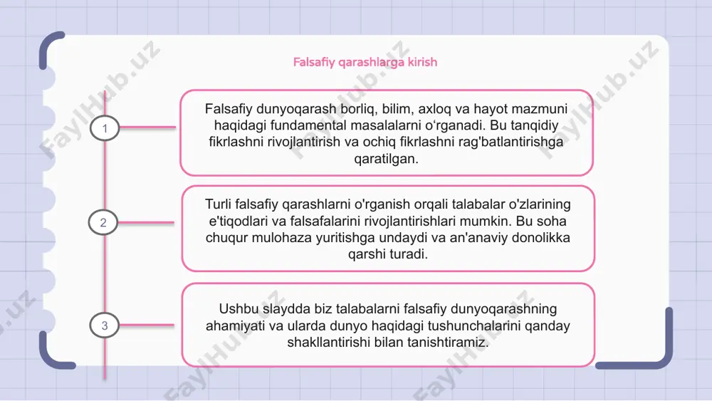 tai nazarga ega, dunyoni imkoniyatlar va imkoniyatlarga to'la deb bilishadi. boshqalar dunyoni qiyin va qiyin joy sifatida ko'rib, pessimistik nuqtai nazarga ega bo'lishi mumkin. din yoki uning yo'qligiga asoslangan turli falsafiy qarashlar ham mavjud. ba'zi odamlar ko'proq diniy dunyoqarashga ega bo'lib, dunyoni yuqori kuch tomonidan boshqariladigan deb bilishadi. boshqalar ko'proq ateistik dunyoqarashga ega bo'lishi mumkin, ular dunyoni sof tabiiy va materialistik joy sifatida ko'rishlari mumkin. falsafiy qarashlarni kundalik hayotda qo'llash falsafiy dunyoqarash odamlarga hayotga turli nuqtai nazarlarni tahlil qilish va baholash uchun tanqidiy fikrlash ko'nikmalarini rivojlantirishga yordam beradi. bu odamlarga o'z qadriyatlari va e'tiqodlari haqida fikr yuritish, shuningdek, ijtimoiy normalar va konventsiyalarga shubha qilish imkonini beradi. falsafiy tamoyillarni kundalik hayotda qo‘llash orqali insonlar o‘zini va o‘zini tevarak-atrofdagi dunyoni chuqurroq anglashi mumkin. falsafiy qarashning oqibatlari falsafiy dunyoqarashning oqibatlari o'z-o'zini chuqurroq aks ettirish va o'z e'tiqodlari va qadriyatlarini tekshirish imkonini beruvchi tafakkur va istiqboldagi o'zgarishlarni o'z ichiga oladi. bu dunyo va undagi …