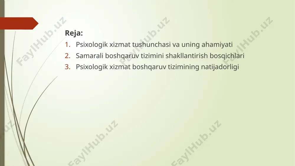 oshiradi. 6. professional rivojlanishga ko‘maklashish. mehnat jamoalarida ish samaradorligini oshirish, liderlik qobiliyatlarini rivojlantirish va psixologik moslashuvchanlikni shakllantirishda yordam beradi. samarali boshqaruv tizimini shakllantirish – bu tashkilot yoki xizmatning maqsadlariga erishishini ta'minlash uchun rejalashtirish, tashkil etish, resurslarni boshqarish va natijalarni monitoring qilish jarayonini tizimli ravishda tashkil etishdir. bu jarayon rahbarlik qilish va qaror qabul qilishni optimallashtirish, faoliyat samaradorligini oshirish, resurslardan oqilona foydalanish va xizmat ko‘rsatish sifatini yaxshilashga qaratilgan. samarali boshqaruv tizimi xizmatlarning muvofiqligi va barqarorligini ta'minlash uchun strategik rejalar, aniq vazifalar, nazorat mexanizmlari hamda texnologiyalardan foydalanishni o‘z ichiga oladi. samarali boshqaruv tizimini shakllantirish bosqichlari: maqsadni aniqlash: tizimning uzoq muddatli va qisqa muddatli maqsadlarini belgilash. tahlil va rejalashtirish bosqichi. psixologik xizmatning dolzarb muammolarini aniqlash. maqsad va vazifalarni belgilash. rejalarni ishlab chiqish va strategiyalarni aniqlash. resurslarni tashkil etish bosqichi. jamoa shakllantirish (psixologlar, yordamchilar) moliyaviy va moddiy resurslarni jalb qilish. texnologik vositalarni joriy etish. monitoring va tahlil bosqichi. amalga oshirilayotgan xizmat sifatini baholash. mijozlarning …