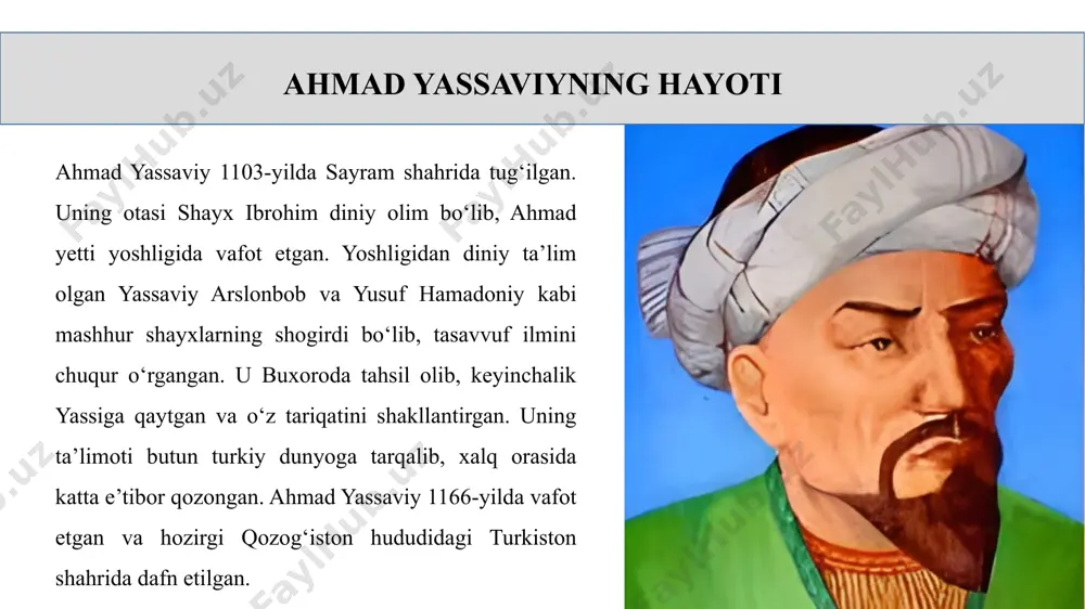 chi deb bilgan va o‘z tilida ta’lim berish muhimligini targ‘ib qilgan. "devoni hikmat" asarini turkiy tilda yozishining o‘zi ham bunga yaqqol misoldir. ustozga hurmat, kamtar bo‘lish va shaxsiy tarbiyani ustuvor qo‘yish uning ta’lim tizimidagi asosiy mezonlaridan edi. yassaviy shogirdlari orqali bu g‘oyalarni keng targ‘ib etib, kelajak avlod tarbiyasiga katta ta’sir ko‘rsatgan. krasvord gorizontal 2. inson shijoati va jasurligi bilan bog‘liq kasblar 4. yoshligida qiziqqan ilmi 7. inson boshqarmasa, hayvon darajasiga tushadigan his vertikal 1. aqliy qobiliyatni rivojlantirish uchun kerak bo‘lgan fazilat 3. ahmad yassaviyning turkiy tilda yozilgan mashhur asari. 4. idavoniy g‘azabni qanday ruhiy holat deb hisoblaydi 5. davoniy yashagan davlatlardan biri 6. insoniy fazilatlarning biri gorizontal 2. ahmad yassaviyning otasining ismi. (ibrohim) 4. yassaviyning tarbiya konsepsiyasi ___________, halollik va fidoyilikka asoslangan. (tavozelik) 7. ustozga hurmat qilish va ________ bo‘lish yassaviyning asosiy tamoyillaridan biri. (kamtar vertikal 1. yassaviya tariqati markaziy osiyodagi birinchi _______ maktabi hisoblanadi. (sufiylik) 3. ahmad yassaviyning turkiy …