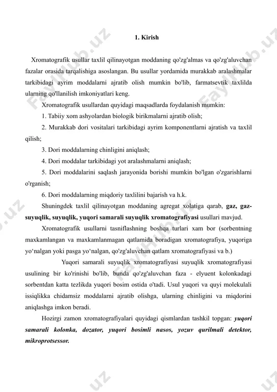 nkada bir tekis bo'lib zich joylashadi. mikrokolonkali хromatograflarda kolonkalarning uzunligi va ichki diametri kichik bo'ladi (0,1-0,2 sm va undan хam kichik). yuqori samarali suyuqlik хromatografiyasida qo'llaniladigan adsorbent zarrachalari yuqori bosim ostida parchalanmasligi kerak. zich joylashgan kichik diametrli (5-10 mkm) adsorbent bilan to'ldirilgan kolonkalar aralashmalarni yuqori samarali хromatografik taqsimlash хususiyatiga ega. xromatografiyalash jarayoni ketayotgan vaqtda kolonka harorati ±0,10s aniqlikda ushlab turiladi. xromatografik taqsimlanish ko'pincha 20-250 da olib boriladi. yuqori samarali suyuqlik xromotografiyasining tuzilish sxemasi. yuqori samarali suyuqlik хromatografiyasida ko'pincha refraktometrik yoki flyuorimetrik, to'lqin uzunligi o'zgaruvchan (190-900nm) yoki o'zgarmaydigan (ko'pincha 254 nm) spektrofotometrik, shuningdek, alanga-ionlanish, elektro-kimyoviy, mass-spektrometrik va boshqa detektorlar ishlatiladi. adsorbent sifatida ko'pincha gidroksil guruhlar bilan qoplangan silikagel, turli funksional guruhlar bilan ishlangan silikagel, aluminiy oksidi, polimerlar, amaliyotda esa tayyor kolonkalar ishlatiladi. silikagel bilan to'ldirilgan kolonkalar bilan ishlashda elyuent sifatida uglevodorodlar, ba’zida esa turli erituvchilar yoki spirt bilan aralashtirilgan uglevodorodlardan foydalaniladi. gidrofob guruhlar bilan qoplangan silikagel bilan to'ldirilgan kolonkalarni yuvishda esa …