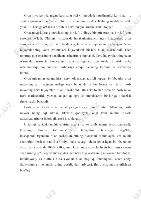biokimyoviy va biofizik xussusiyatlari bilan bog‘liq. shuningdek, odam aqliy faoliyatining rivojlanishi uning yoshligidan tarbiyasi, ilm olishi, mashq qilishiga bog‘liq. bosh miya ikki qismdan iborat: bosh miyaning stvol, ya’ni ustun qismi va bosh miya yarimsharlari. bosh miyaning ustun qismiga uzunchoq miya, varoliy ko‘prigi, o‘rta miya, oraliq miya hamda miyacha kiradi. uzunchoq miya - bosh miyaning eng pastki qismi bo‘lib, uning quyi qismi orqa miyaga, yuqori qismi esa miya ko‘prigiga tutashgan.uning uzunligi 3-3,5 sm, massasi 7 gramm. uzunchoq miya reflektor va o‘tkazuvchanlik funksiyalarini bajaradi. reflektor funksiyasi shundan iboratki, unda nafas olish, yurak ishini boshqarish markazlari joylashgan. uzunchoq miyaning o‘tkazuvchanlik funksiyasi esa orqa miyadan kelgan impulslarni qabul qilib, bosh miyaning yuqori qismlarida joylashgan nerv markazlariga va ulardagi qo‘zg‘alish impulsini orqa miyaga o‘tkazishdan iborat. uzunchoq miyaning shikastlanishi o‘tkazuvchanlik funksiyasining buzilishiga, ya’ni orqa va bosh miya o‘rtasidagi aloqani hamda nafas olish, yurak ishining buzilishiga olib keladi. miya ko‘prigi - uzunchoq miyaning yuqori tomonida joylashgan bo`lib, …