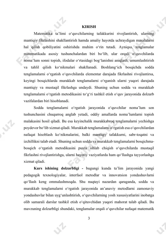 ti - boshlang‘ich va umumiy o‘rta ta’lim maktablarida matematika fanini o‘qitish jarayoni, xususan tenglamalarni o‘rgatish metodikasi. kurs ishining predmeti - sodda va murakkab tenglamalarni o‘rgatishning samarali metodlari, usullari va texnologiyalarini o‘quv jarayonida qo‘llash yo‘llari. kurs ishining maqsadi - sodda va murakkab tenglamalarni o‘rgatishda qo‘llaniladigan metodlarni tahlil qilish, ularning samaradorligini ko‘rsatish hamda o‘quvchilarda mustaqil fikrlash va mantiqiy tafakkurni shakllantirishga xizmat qiluvchi metodik tavsiyalar ishlab chiqish. kurs ishining vazifalari quyidagilardan iborat: 1. sodda tenglamalarni o‘rgatishning nazariy asoslarini yoritish. 2. murakkab tenglamalarni bosqichma-bosqich o‘rgatish jarayonini tahlil qilish. 3. tenglamalarni o‘rgatishda uchraydigan qiyinchiliklarni aniqlash va ularni bartaraf etish yo‘llarini ko‘rsatish. 4. zamonaviy pedagogik texnologiyalar va interfaol metodlardan foydalanish imkoniyatlarini ochib berish. 5. amaliy mashg‘ulotlar asosida o‘quvchilarning mantiqiy tafakkurini va mustaqil ishlash qobiliyatini rivojlantirish. kurs ishining tuzilishi - ushbu kurs ishi kirish qismidan, ikki bobdan, har bir bob uch bo‘limdan, xulosa hamda foydalanilgan adabiyotlar ro‘yxatidan iborat. birinchi bobda sodda tenglamalarni o‘rgatishning nazariy va metodik asoslari …