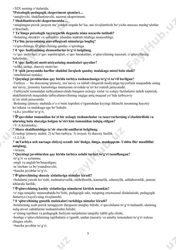 y faolligi, tarbiya va ta’lim; ?3 yosh krizisi (inqirozi) qanday xatti-harakatlarda ifodalanadi? +bola o‘zini kattalar bilan taqqoslay boshlashi, kattalar xatti-harakatlarini bajarishga intilishi, mustaqil harakat qila olishi, qat’iyligi va qaysarligida ifodalanadi; ?bola to‘g‘ri yurishni, muloqotga kirishishni, predmetli faoliyatni egallash xususiyatlarini qaysi davrda egallaydi? +ilk bolalik davrida; ?maktabgacha yosh davri necha yoshni o‘z ichiga oladi? +3—-7 yosh; ?maktabgacha yosh davrida yetakchi faoliyat: +o'yin; ?maktabgacha yosh davrida senzitiv hisoblanadi: +nutqning rivojlanishi; ?maktabgacha yosh davrida yangi psixologik tuzilma: +kattalar obrazi bolaning xatti-harakatlarini ma’lum tomonga yo‘llaydi; ?maktabgacha yosh davrida inqirozning belgilari... +qiyshanglash, qiliq qilish, masxarabozlik qilish; ?kichik maktab yoshi davri necha yoshlarni o‘z ichiga oladi? +7—11 yosh; ?kichik maktab yoshida yuzaga keladigan yangi psixologik tuzilma nimalardan iborat? +intellektual refleksiya; ?kichik maktab yoshi davrida yetakchi faoliyat qaysi? +o‘qish faoliyati; ?kichik maktab yoshidagi bolalarning psixik rivojlanishida ta’limning rolini aniqlang. +bilish jarayonlarining rivojlanishi, ta’lim olishdagi muammolarni yechishda tafakkur jarayonining shakllanishi; ?kichik maktab yoshidan o‘smirlikka o‘tishdagi inqirozning belgilari nimalarda …