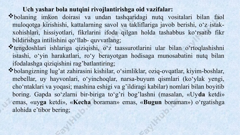 ahkamlovchi mashg’ulotlar, nazorat mashg’ulotlari va majmuaviy mashg’ulotlar. maktabgacha katta yoshdagi bolalar nutqini o‘stirish mazmunu. bola tilining grammatik tizimini o‘z vaqtida shakllantirish – uni to‘laqonli nutqiy va umumiy psixologik rivojlantirishning muhim sharti hisoblanadi. tilning grammatik tizimini bola predmetli harakatlarni o‘zlashtirish bilan uzviy bog’liqlikda bilishni rivojlantirish asosida egallaydi. maktabgacha yoshdagi bola nutqining grammatik tizimini shakllantirish morfologiya (so‘zlarni rodlar, sonlar, kelishiklarga qarab o‘zgartirish), so‘z hosil qilish (maxsus vositalar yordamida bir so‘z negizida boshqa so‘zni hosil qilish), sintaksis (oddiy va qo‘shma gaplarni tuzish) ustidagi ishlarni o‘z ichiga oladi. bolalarning grammatik rivojlanishi boshqarishni pedagog eng avvalo ham bolaning o‘zi bilan (dialog shaklida), ham boshqa bolalar bilan birgalikdagi muloqot faoliyati vositasida amalga oshirishi lozim. mavzu: baxmal kapalak bilan tanishtirish maqsad: bolalarni kapalakning noyob turi – baxmal kapalak bilan tanishtirish, uning tabiatdagi ahamiyati, tuzilishi, ko‘payishi haqida yangi bilim berish. mashg’ulotga kerakli jixozlar: kapalak rasmi, bankaga solingan kapalak, daraxt shoxlari, gulli o‘simliklari. mashg’ulotning borishi: tarbiyachi: bolalar! siz kapalak …