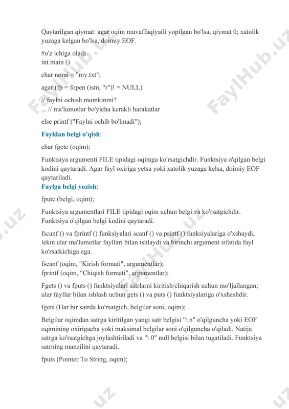 ya argumenti file tipidagi oqimga ko'rsatgichdir. funktsiya o'qilgan belgi kodini qaytaradi. agar fayl oxiriga yetsa yoki xatolik yuzaga kelsa, doimiy eof qaytariladi. faylga belgi yozish: fputc (belgi, oqim); funktsiya argumentlari file tipidagi oqim uchun belgi va ko'rsatgichdir. funktsiya o'qilgan belgi kodini qaytaradi. fscanf () va fprintf () funksiyalari scanf () va printf () funksiyalariga o'xshaydi, lekin ular ma'lumotlar fayllari bilan ishlaydi va birinchi argument sifatida fayl ko'rsatkichiga ega. fscanf (oqim, "kirish formati", argumentlar); fprintf (oqim, "chiqish formati", argumentlar); fgets () va fputs () funktsiyalari satrlarni kiritish/chiqarish uchun mo'ljallangan; ular fayllar bilan ishlash uchun gets () va puts () funktsiyalariga o'xshashdir. fgets (har bir satrda ko'rsatgich, belgilar soni, oqim); belgilar oqimdan satrga kiritilgan yangi satr belgisi "\ n" o'qilguncha yoki eof oqimining oxirigacha yoki maksimal belgilar soni o'qilguncha o'qiladi. natija satrga ko'rsatgichga joylashtiriladi va "\ 0" null belgisi bilan tugatiladi. funktsiya satrning manzilini qaytaradi. fputs (pointer to string, oqim); joriy joydan …