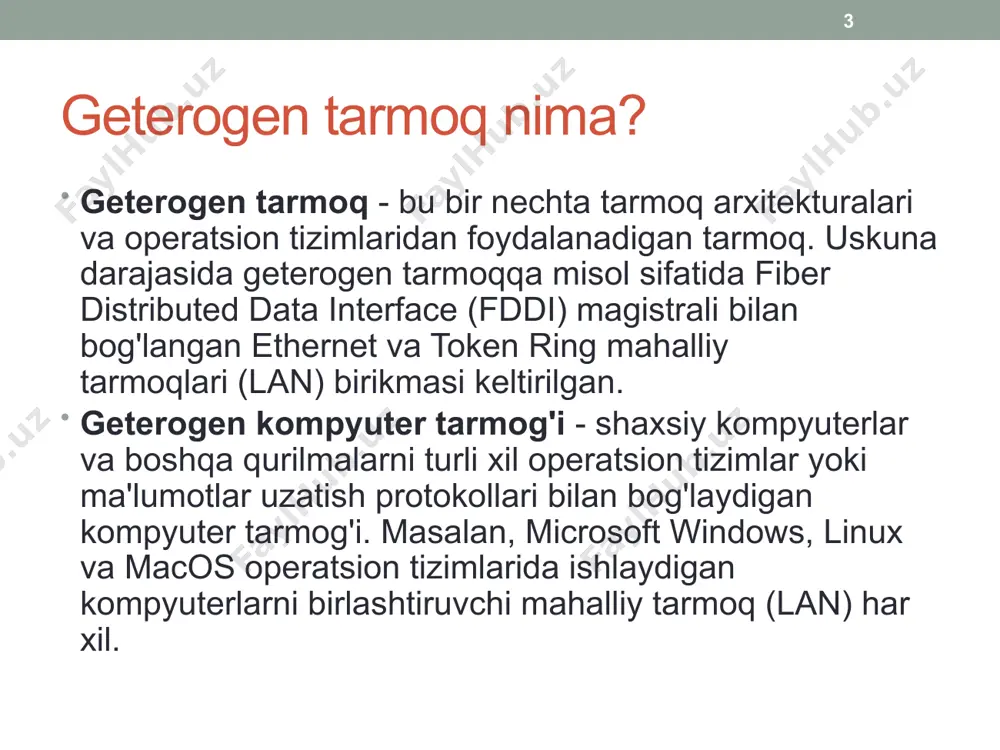 likda geterogen tarmoq (hetnet) ni tashkil qiladi. 9 xulosa men bu mustaqil ishda geterogen tarmoqlar mavzusida bilimlarimnin mustahkamlab oldim. geterogen tarmoqni ataylab saqlashning afzalliklaridan biri shundaki, xaridorlar bitta sotuvchining tizimiga qulflanish o'rniga o'zlari tanlagan har qanday mahsulotdan foydalanishlari mumkin. geterogen tarmoqlar abonentlarning ehtiyojlarini qondirish uchun operatorlarga tarmoq hajmini oshirishga imkon beradi. bunday echimlar iqtisodiy jihatdan ham eng maqbuldir, chunki ular operatorlarga makro tarmoqni rivojlantirishga mablag‘ sarflamasdan mahalliy muammolarni hal qilishga imkon beradi. 10 foydalanilgan adabiyotlar j.g. andrews, f. baccelli and r.k. ganti, “a tractable approach to coverage and rate in cellular networks”, 11, nov 2011 a. ghosh “heterogeneous cellular networks: from theory to practice”, june, 2012 a. damnjanovic, “a survey on 3gpp heterogeneous networks”, june 2011 h.a. mahmoud and i. guvenc, “a comparative study of different deployment modes for femtocell networks”, 2009 11 image2.jpeg image3.png /docprops/thumbnail.jpeg