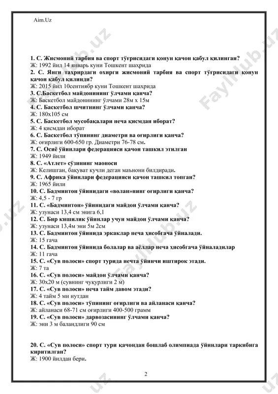 унёга келган. 1924 йилда бошлаб қишки олимпиада ўйинлари дастурига киритилган. бу спорт туридан мусобақалар 2 кишилик ҳамда 4 кишилик экипажлар орасида ўтказилади. бу спорт тури билан фақат эркаклар шуғулланадилар. бобслей 2 қисмдан иборат олди томонида бошқариладиган рульҳамда орқа томонида қимирламайдиган темир жиҳоздан иборат. 2 кишилик чана узунлиги 2м 70см, оғирлиги 165 кг. 4 кишилик чана узунлиги 3м 80 см оғирлиги2 м 30 см. мусобақа 2 кишилик экипаж аъзолари учун оғирлиги 200 кг дан, 4 кишилик экипаж учун эса 400 кг дан ошмаслиги керак(бобслей чанаси оғирлиги унга кирмайди. 22. с.спорт залларининг полдан тепага баландлиги қанча) ж: 6 ёки 8 метр 23. с. баландликка сакраш планкасининг оғирлиги ва узунлиги қанча? ж: йўғонлиги 3 см оғирлиги 2 кг планка узунлиги 366 см дан 400 см гача. 24. с. узунликка сакраш чуқурчасидаги брусокнинг ўлчами қанча. ж: брусокнинг эни 20 см узунлиги 1м 22см 25. с. сакраш чуқурчасининг узунаси қанча? ж: 6 м эни 4 …