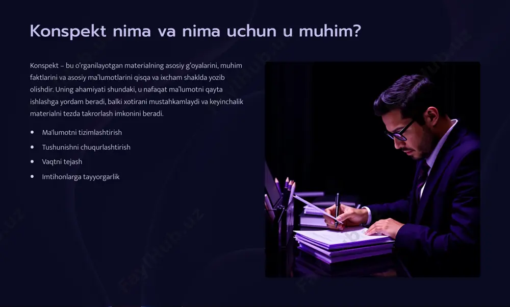 =made-with-gamma konspekt turlari: qisqa konspekt qisqa konspekt 3 bu materialning faqat eng asosiy g8oyalarini va kalit so8zlarini o8z ichiga olgan ixcham yozuv. u asosan tezkor takrorlash, asosiy ma'lumotlarni eslab qolish yoki mavzuning umumiy manzarasini olish uchun ishlatiladi. ushbu turdagi konspekt vaqtni tejash va muhim joylarga e'tibor qaratish imkonini beradi. faqat asosiy tushunchalar va ta'riflar kalit so'zlar va iboralar qisqa jumlalar yoki so'z birikmalari asosiy fikrlarni eslatuvchi belgilar https://gamma.app/?utm_source=made-with-gamma konspekt turlari: reja-konspekt 1 asosiy bo'limlar materialning strukturaviy bo8limlarini aniqlash. 2 har bir bo'lim uchun reja har bir bo8limning asosiy bandlarini ro8yxat shaklida yozish. 3 qisqa izohlar har bir reja bandiga qisqa izoh yoki kalit so8zlar qo8shish. 4 mantiqiy bog'liqlik reja bandlari o8rtasidagi mantiqiy bog8liqlikni saqlash. reja-konspekt 3 bu materialning tuzilishini aks ettiruvchi, sarlavhalar va kichik sarlavhalardan iborat yozuv. har bir sarlavha ostida qisqacha ma'lumot yoki asosiy g'oya aks ettiriladi. bu ayniqsa, ma'ruzalar yoki uzun matnlarni o'rganishda juda qulaydir. https://gamma.app/?utm_source=made-with-gamma konspektlashtirish usullari: …
