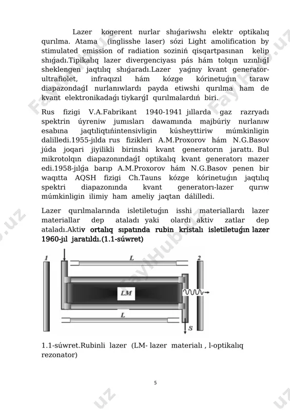 jbúriy nurlanıw járdeminde ortalıqtıń sızıqlı emes optikalıq effektlerin úyreniwshi sızıqlı emes optikanıń rawajlanıwın tezlestirdi.oǵan s.i.vavilov, s.a.axmanov, g.s.gorelik, r.v.xoxlov, n.blombergen, d.djordmeyn, r.terxyun hám basqalardıń xizmetleri júda úlken boldı. kóriletuǵın optikalıq diapazonı 𝞴=0.6328 mkm tolqın uzınlıǵında nurlanıw payda etilgennen soń 34 dana ximiyalıq elementlerdiń neytral atomları qaddileri arasında 360 túrliótiwler baqlandı. birinshi molekulyar lazer 1964-jılda r.patel tárepinen jaratıldı. bul lazer shama menen 10 % ke pjk ne iye bolıp, 10 w qa jaqın quwatlıqqa eristi. birinshi yarımótkizgishliindukciyalıq geliy arsenid tiykarında isleytuǵın lazer jaratıldı. n.g.basov, b.m.vul hám yu.m.popov tarepinen 1958-1961 jıllarda yarımótkizgishli monokrustallarǵa baǵıshlanǵan teoriyalıq izleniwler imkaniyat jaratıp berdi. 1.2. optikalıq kvant generatorlarınıń klassifikaciyası kvant úskeneler klasınıń eńúlken bólimin lazerler quraydı. olardıń 3 túri bar: islew principi, aktiv ortalıq túri hám demlew usılı boyınsha klassifikaciyalaw. islew rejimi boyınsha lazerlerdiúzliksiz (bir molekulalı, kóp molekulalı hám bir jiyilikli) hám impulsli (erkin generaciya rejimi, resonator islew qábiletin modulyaciyalaw hám monoimpulsli) generatorlarǵa ajıratıw múmkin. lazerler ushın aktiv …